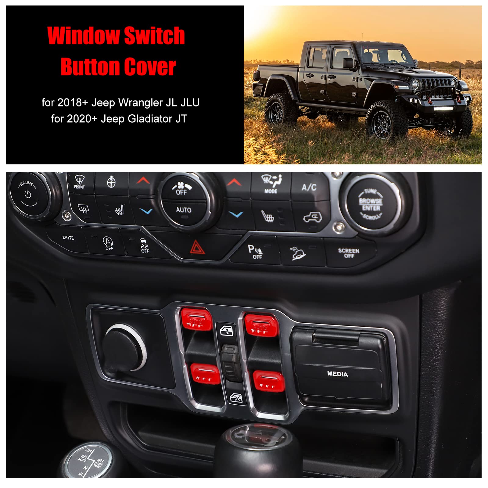 4PCS Red Window Switch Button Cover Trim Interior Accessories for Jeep Wrangler JL JLU Gladiator JT 2018-2024 - Upgrade Your Ride with Stylish Protection (Perfect for Off-Roading & Daily Commute)