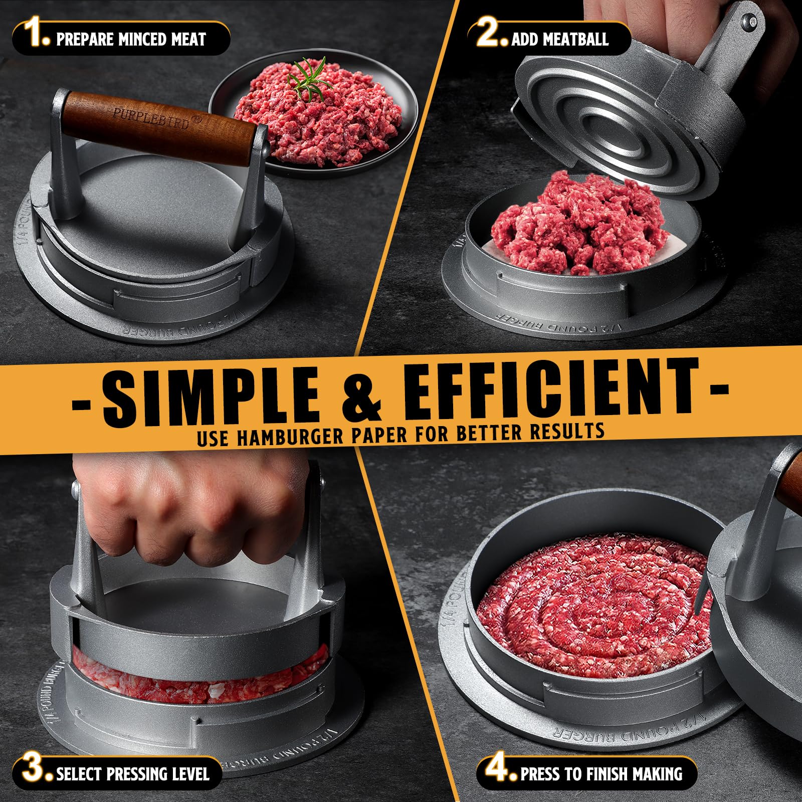 Premium Adjustable Hamburger Press Patty Maker - 3-in-1 Cast Aluminum Burger Shaper Mold for 1/2 lb, 1/3 lb & 1/4 lb Patties - Includes Stuffed Burger Ring & Sausage Slider - Perfect for BBQ, Backyard Grilling & Homemade Burgers - Great Gift for Dad & Mom