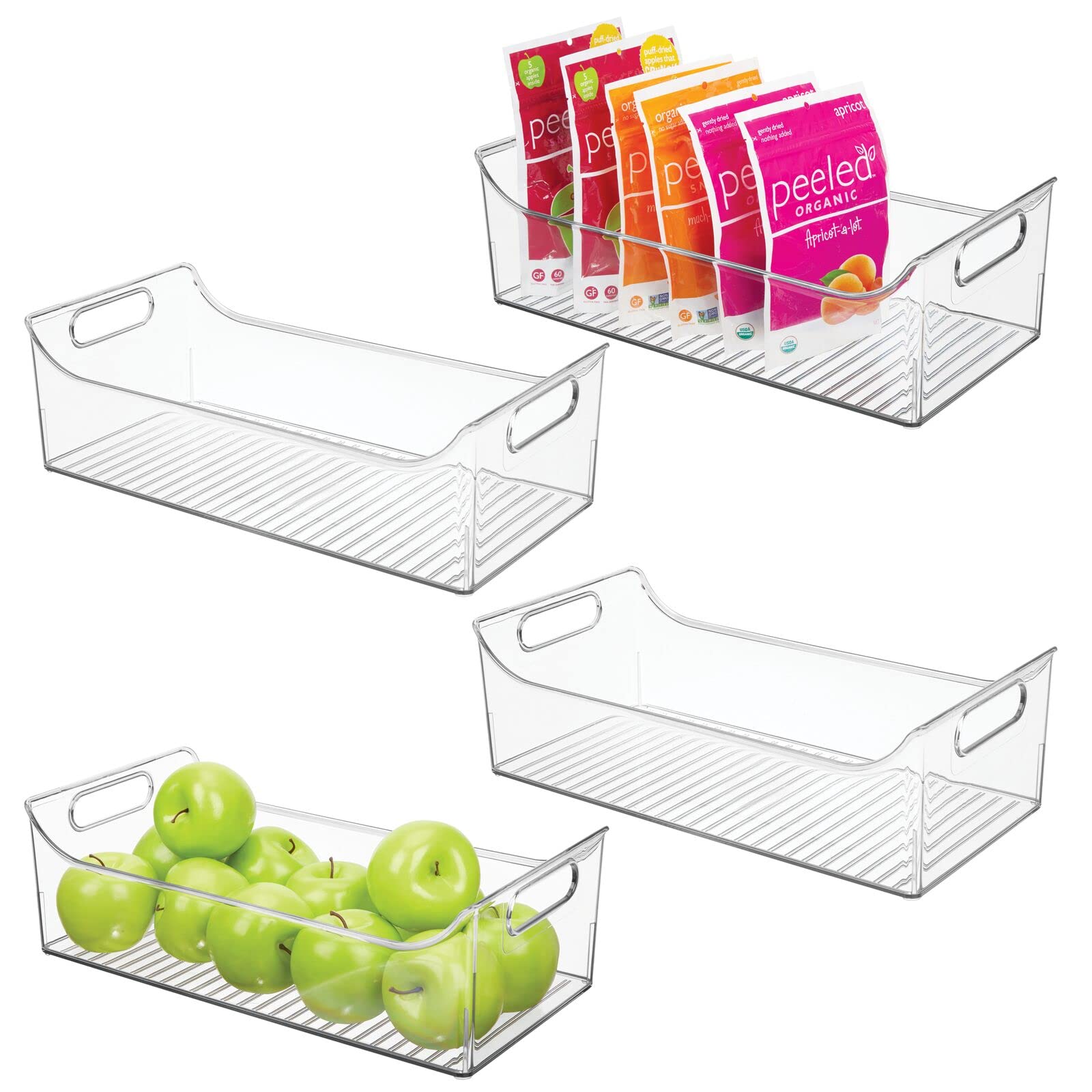 mDesign Slim Plastic Kitchen Pantry Cabinet Organizer Bins - 4 Pack Clear Storage Containers with Handles for Fridge, Freezer, Pantry - Perfect for Organizing Fruits, Yogurt, Snacks, Pasta - 16