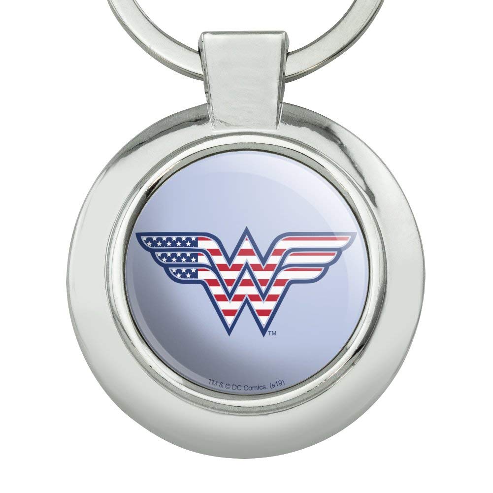 Wonder Woman USA American Flag Logo Keychain - Chrome Plated Metal Round Key Ring - Perfect for Gifts, Keychains Collection & Superhero Fans