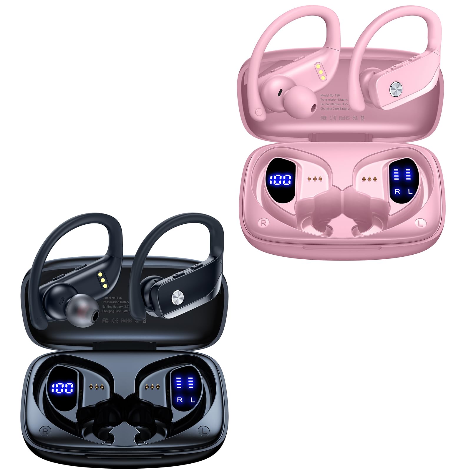 bmani 2 Packs Wireless Bluetooth Earbuds - 48H Playback, LED Display, Over-Ear Sport Headphones with Built-in Mic & Earhooks for Running, Gym, Workout (Black + Pink) - Perfect for Fitness, Commuting & Outdoor Activities