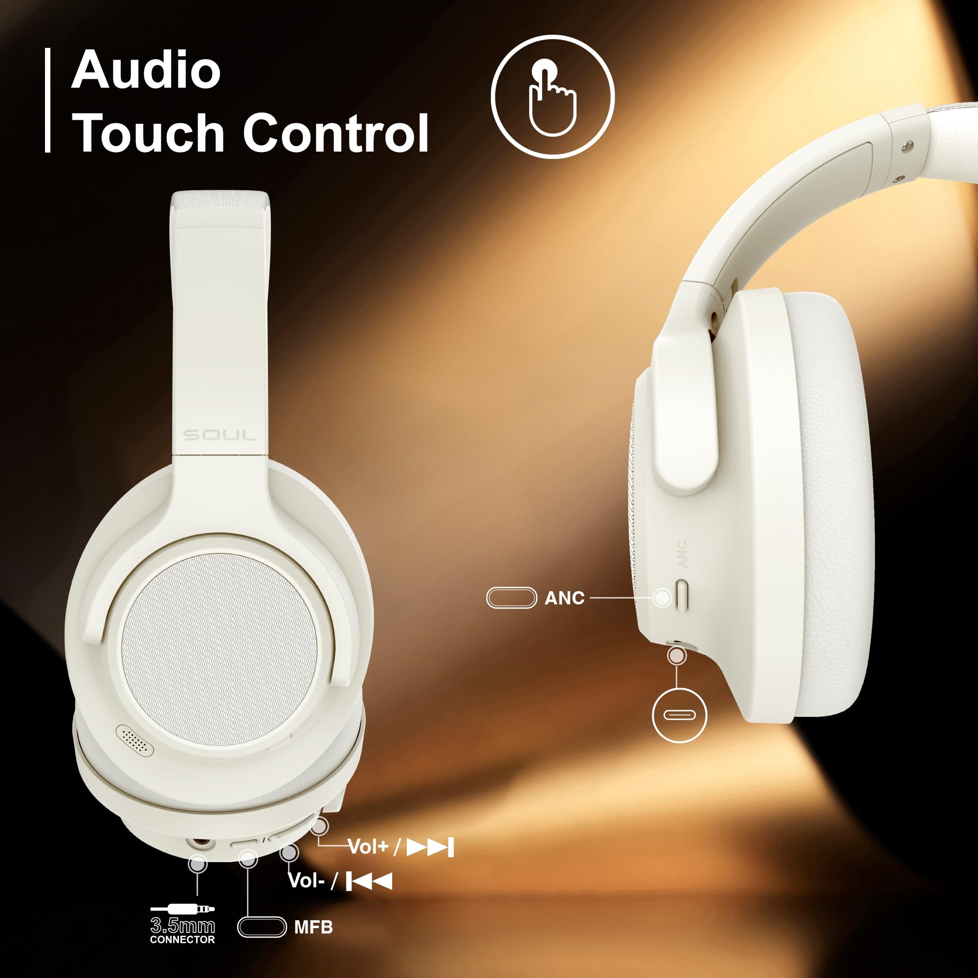 Soul Ultra Wireless Over-Ear Bluetooth Headphones with Active Noise Cancelling, 100H Playtime, USB-C Fast Charging, Hi-Res Audio & Deep Bass - Perfect for Travel, Workout, Gym & Commuting (Beige)