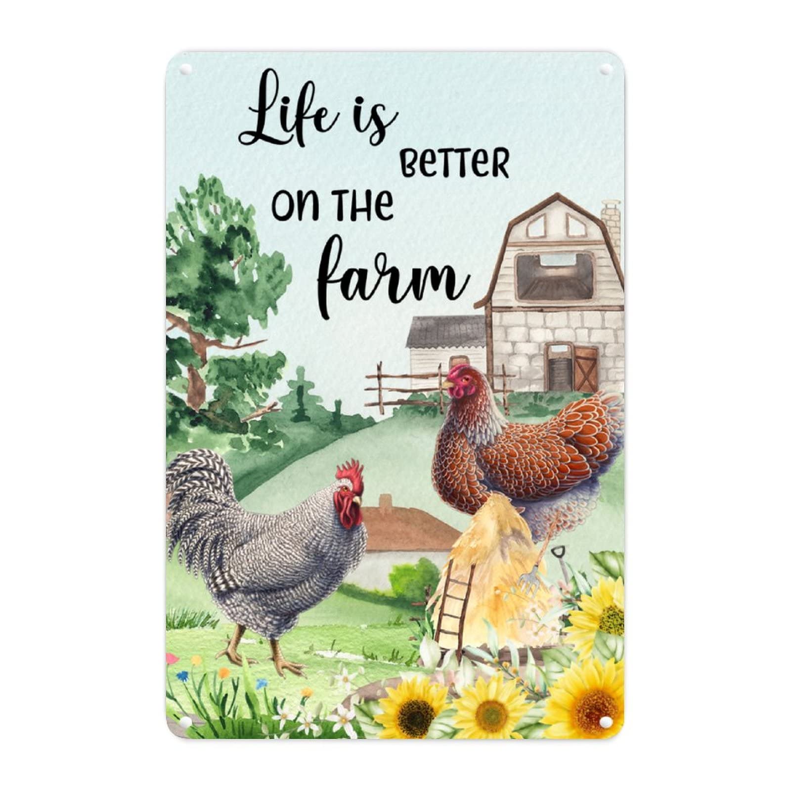 Vintage Rooster Farm Metal Tin Sign - Life is Better on The Farm Decor | 8x12 Inch Rustic Chicken Coop Wall Art | Perfect for Laundry Room, Kitchen & Country Living Room Decor | Farmhouse Style Home Decoration