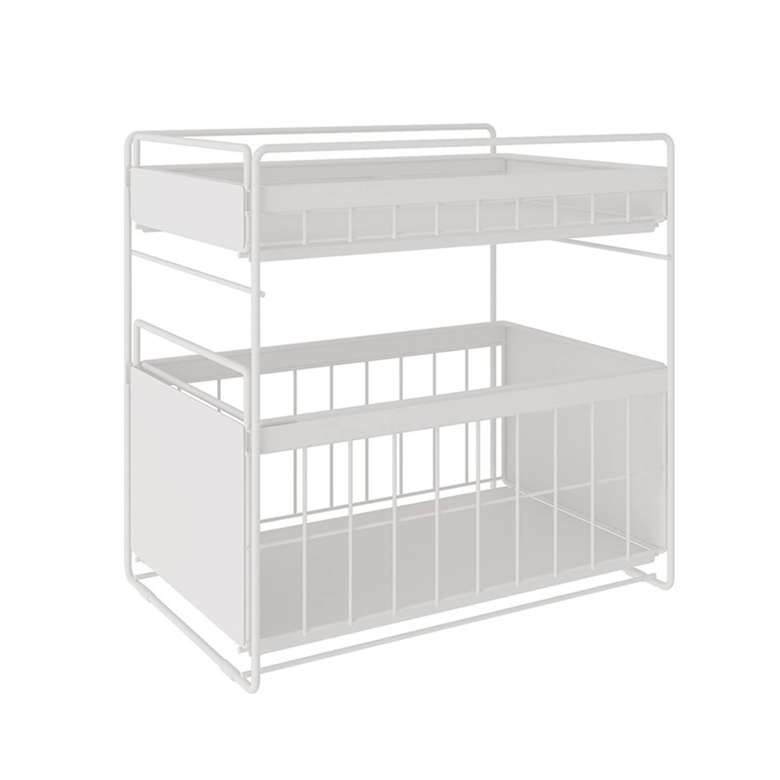 GQGQ Under Sink Organizer with Sliding Drawer - 2-Tier Stackable Shelf Baskets for Kitchen, Pantry & Bathroom Storage - Pull Out Cabinet Organizer (White, Large) - Perfect for Maximizing Small Space & Clutter-Free Organization