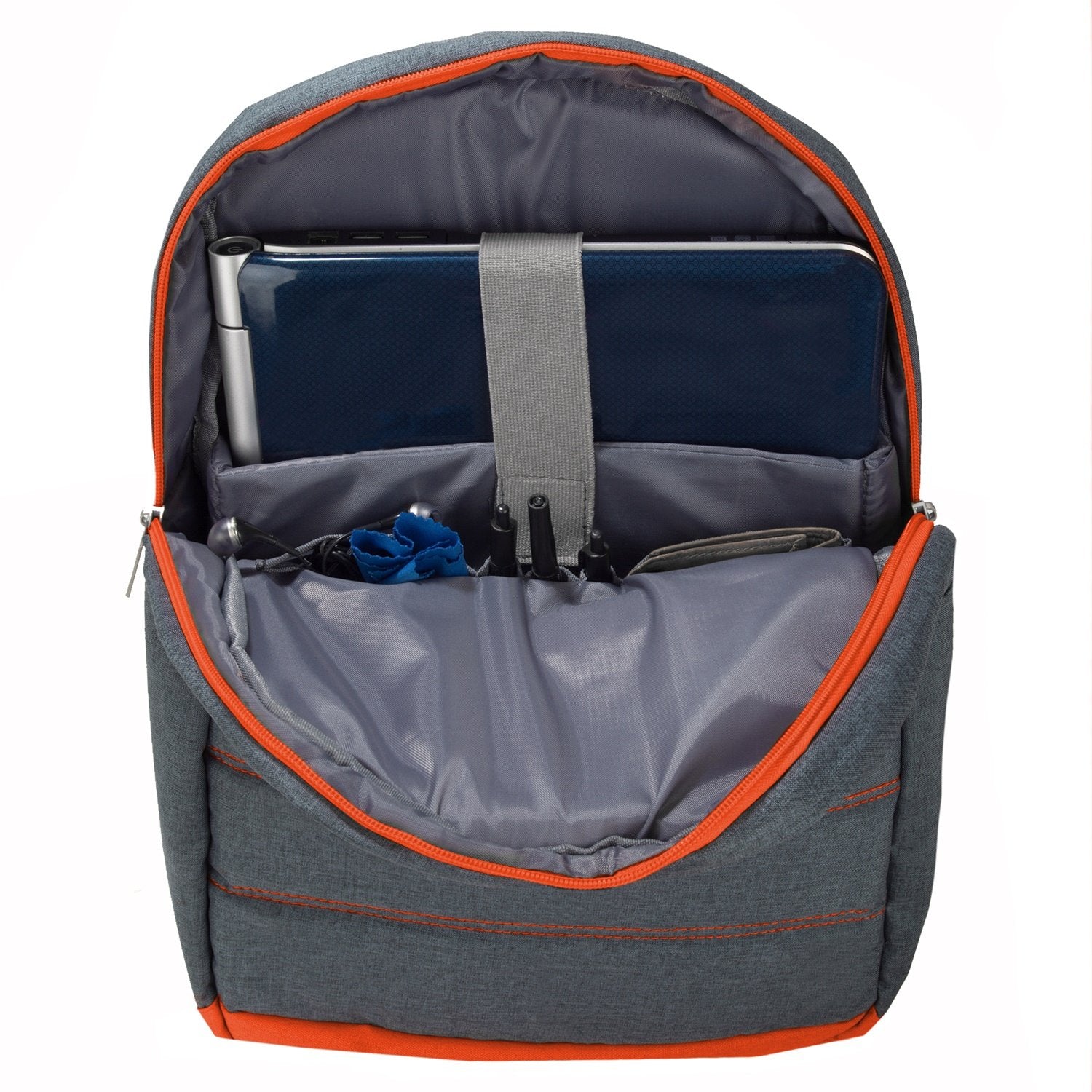 15.6 Inch Universal Laptop Backpack for Toshiba Satellite C55 B5100 & Dell Inspiron 15 5000 Series - Water Resistant Grey with Orange Trim - Perfect for Work, School, Travel & College Students