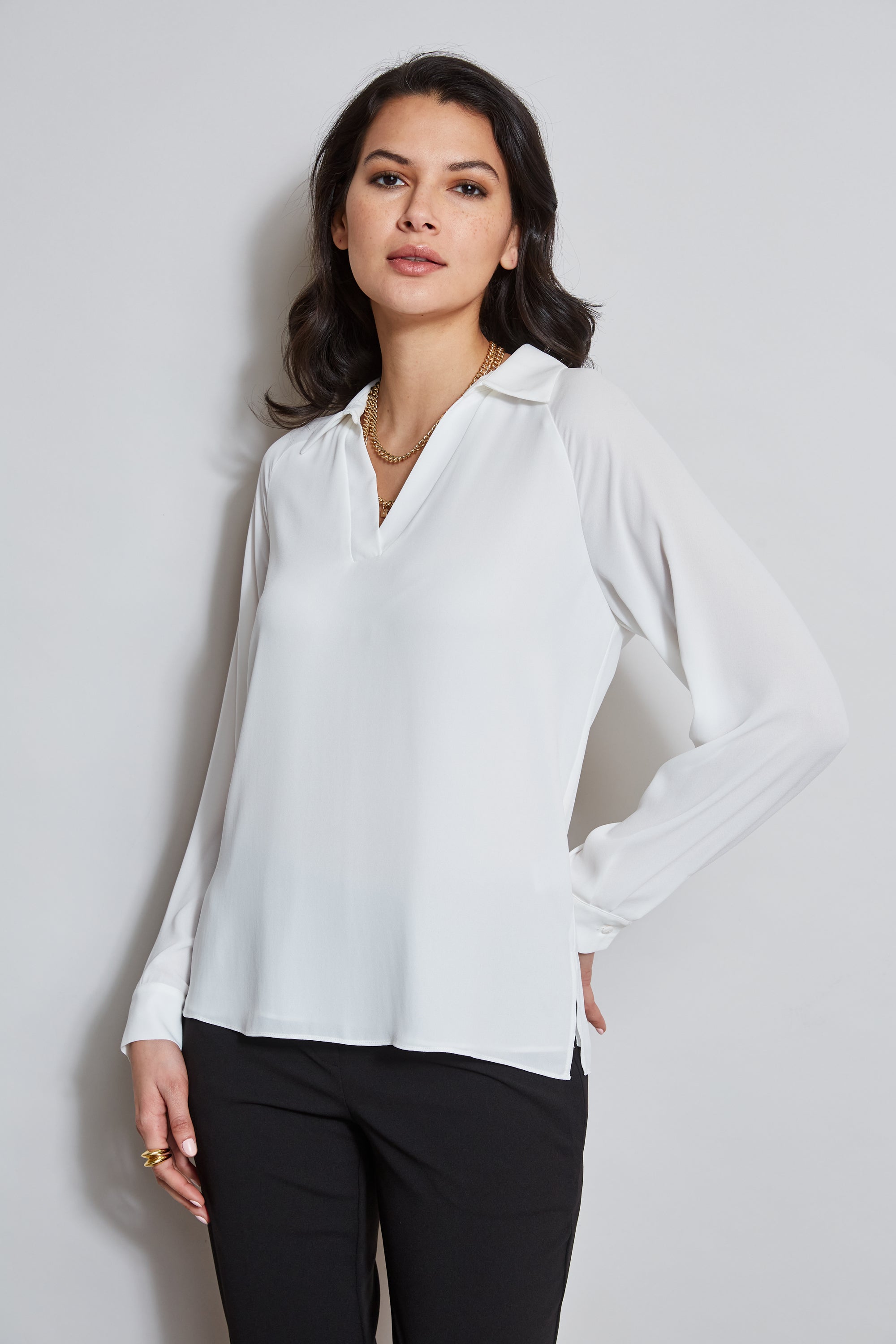 Tahari Women's Split Neck Long Sleeve Blouse - Elegant Office Wear & Casual Chic Top for Work, Date Night & Everyday Style