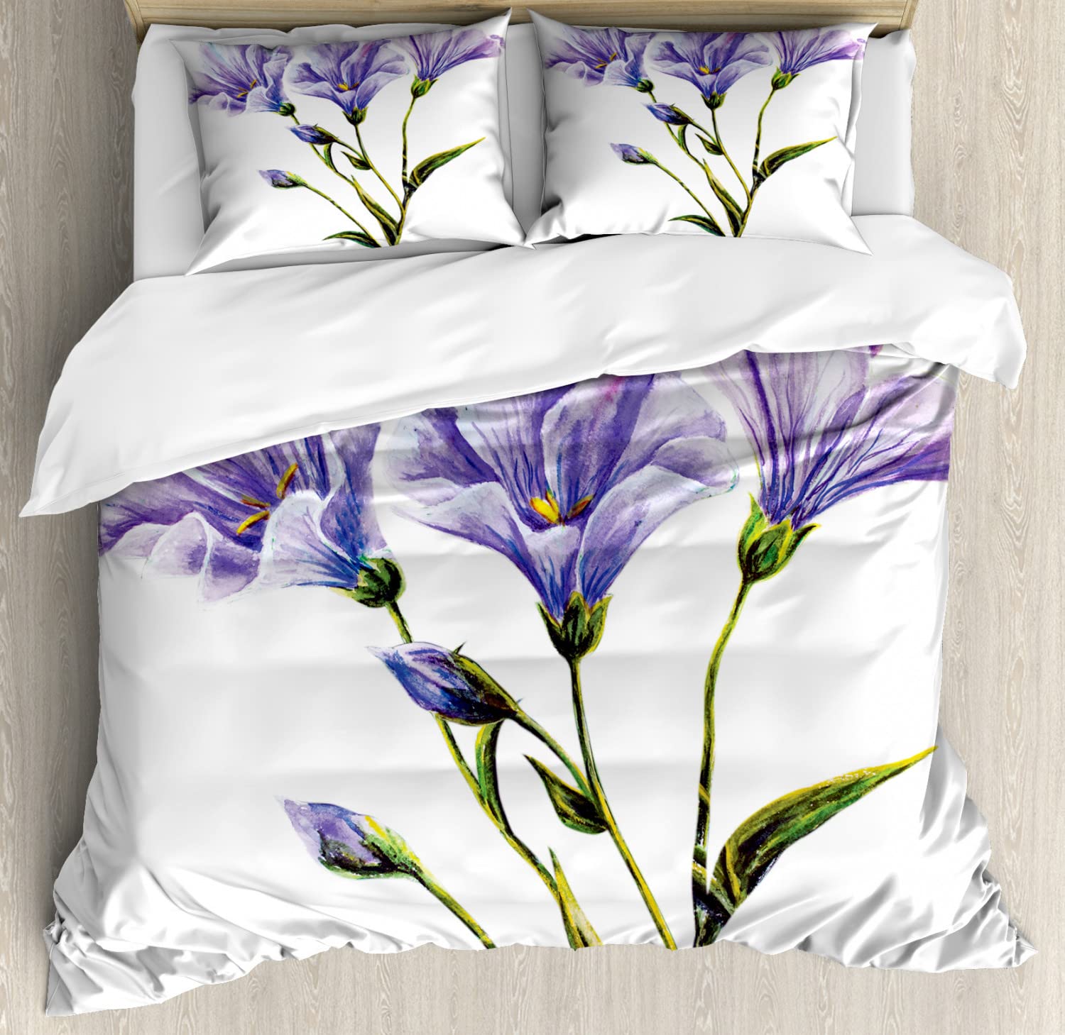 Ambesonne Watercolor Floral Duvet Cover Set - King Size 2-Pack with 2 Duvet Covers & 4 Pillowcases | Wildflower Summer Theme Bedding in White Violet Green | Romantic Earth Art Design for Master Bedroom, Guest Room & Bohemian Home Decor