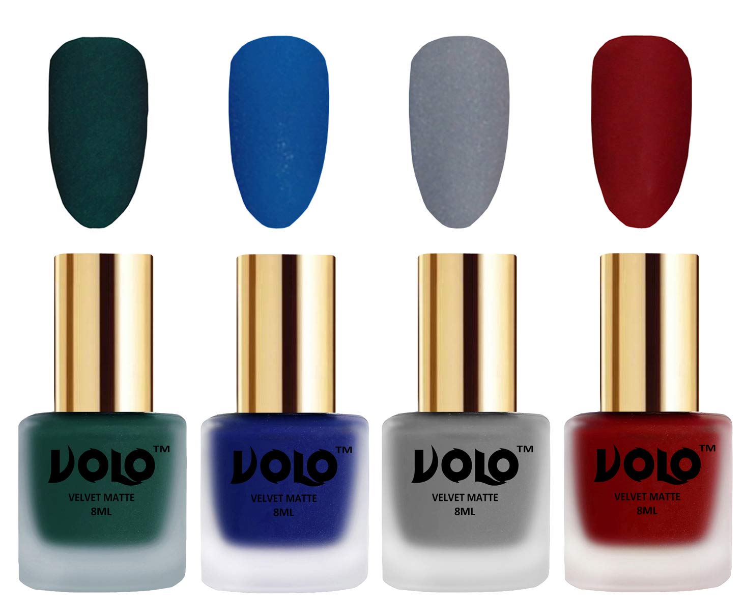 Volo Velvet Matte Nail Polish Set - 4 Pack (Dark Green, Blue, Grey, Tomato Red, 32ml Each) | Long Lasting, High Pigment Nail Colors for Parties, Weddings & Special Occasions