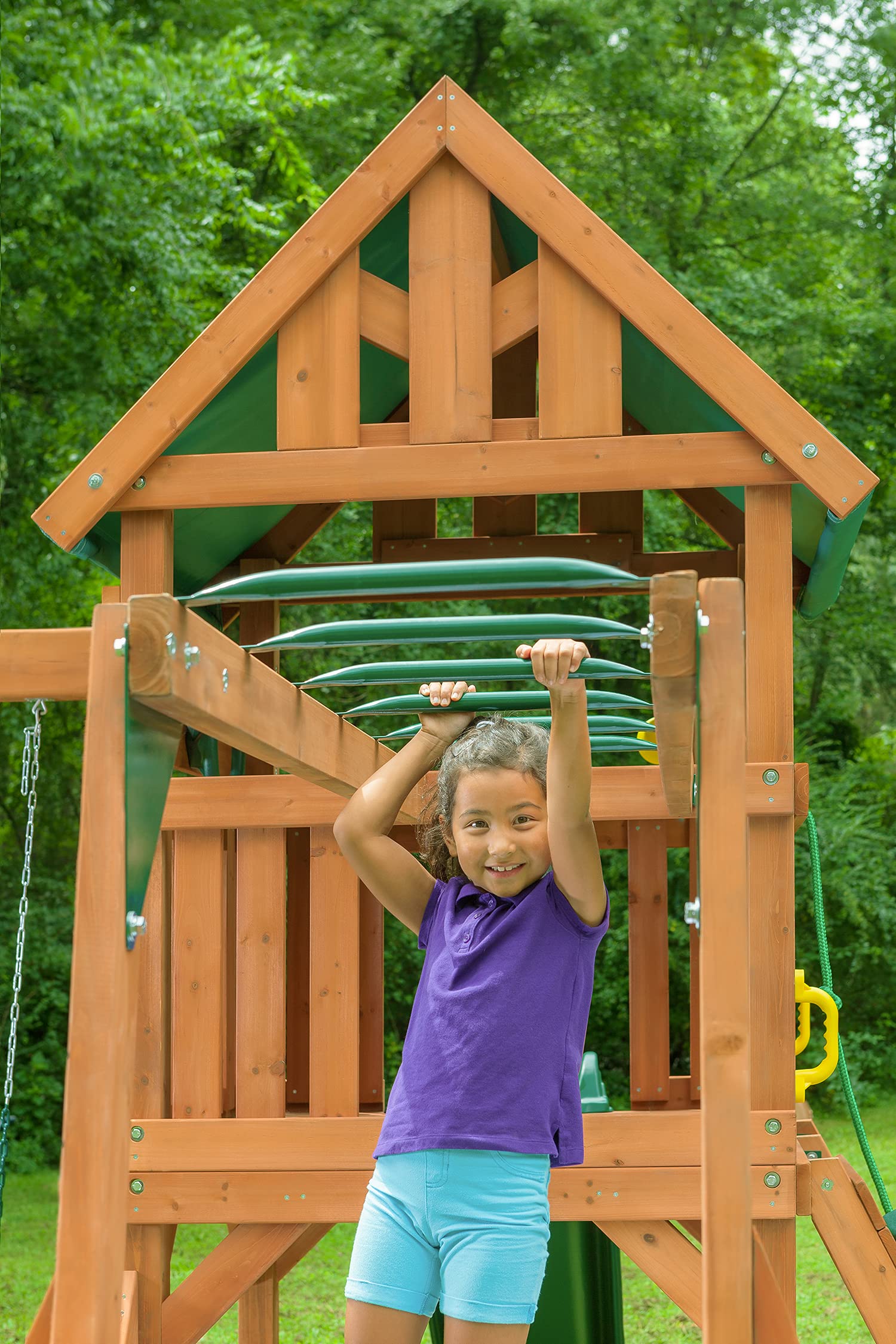 Mountain View Wooden Swing Set with Tarp Roof - Customizable Accessories & Slide Colors (Green Options) - Perfect for Backyard Playgrounds & Outdoor Family Fun