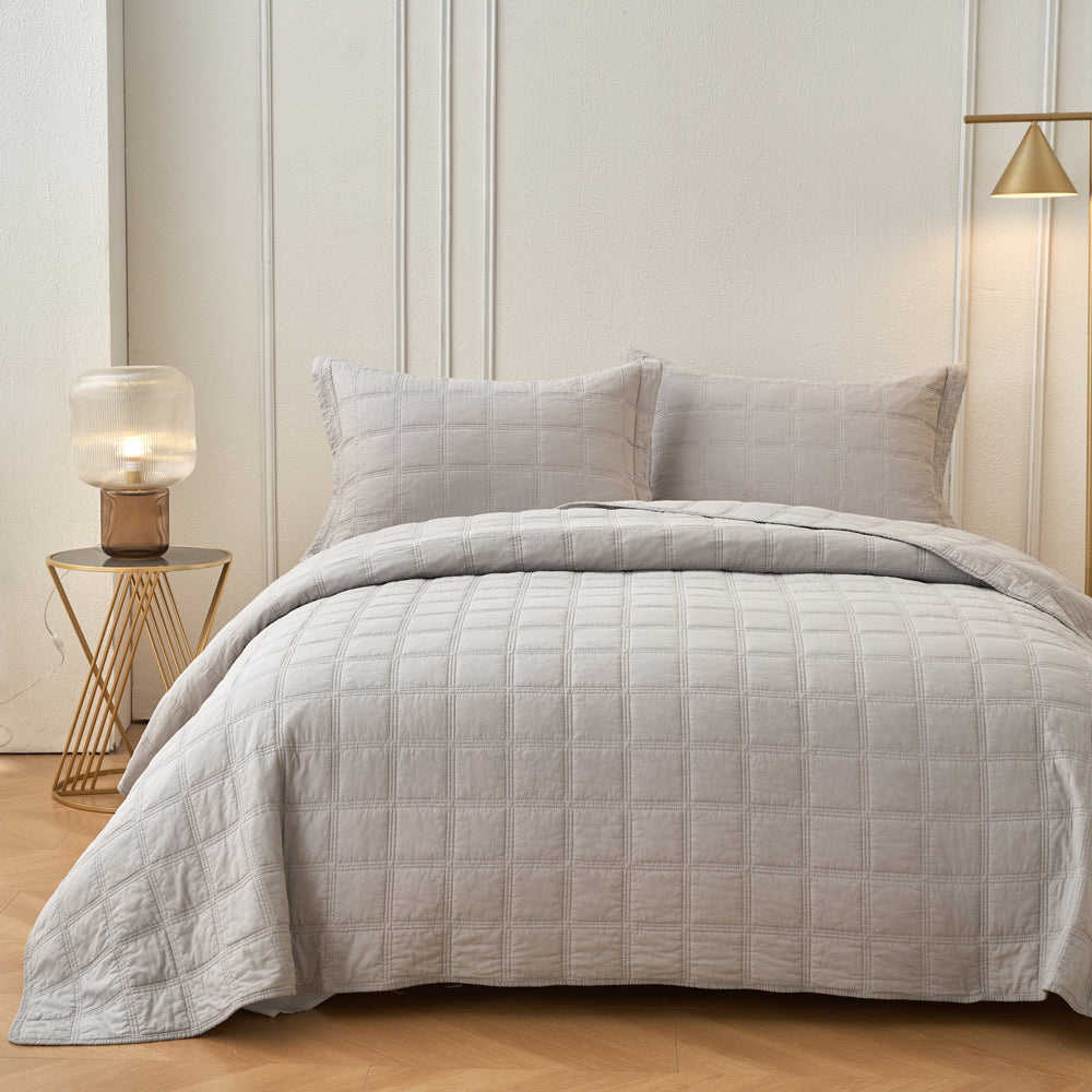 Embroidered Square Smokey Grey Coverlet - Super King Size Luxury Bedspread for Master Bedroom Decor | Perfect for Guest Rooms & Upscale Hotels