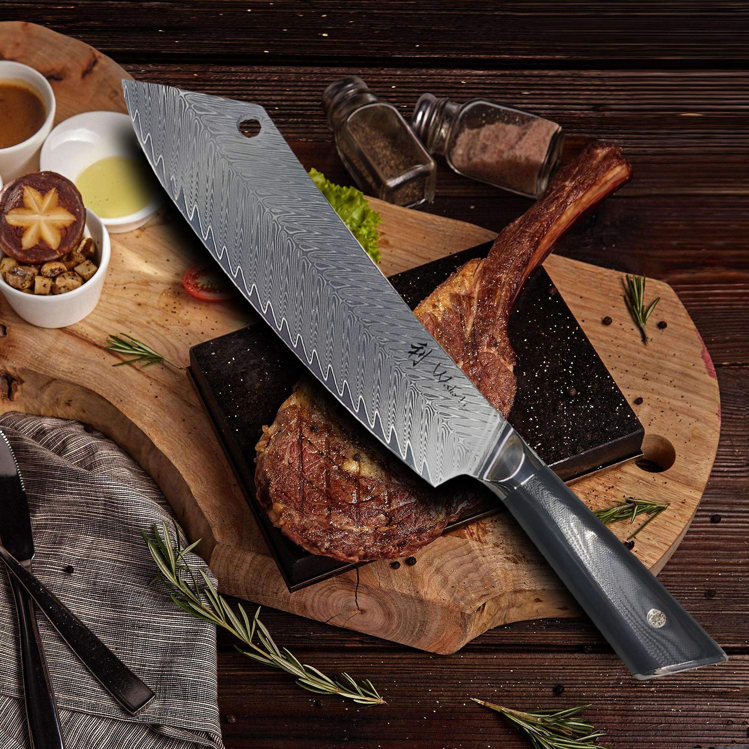 **Wakoli Damascus Chef Knife 9.3-inch - Ultra Sharp 67-Layer Genuine Damascus Steel Kitchen Knife with G10 Handle, Feza Series - Perfect for Slicing, Dicing & Professional Cooking**