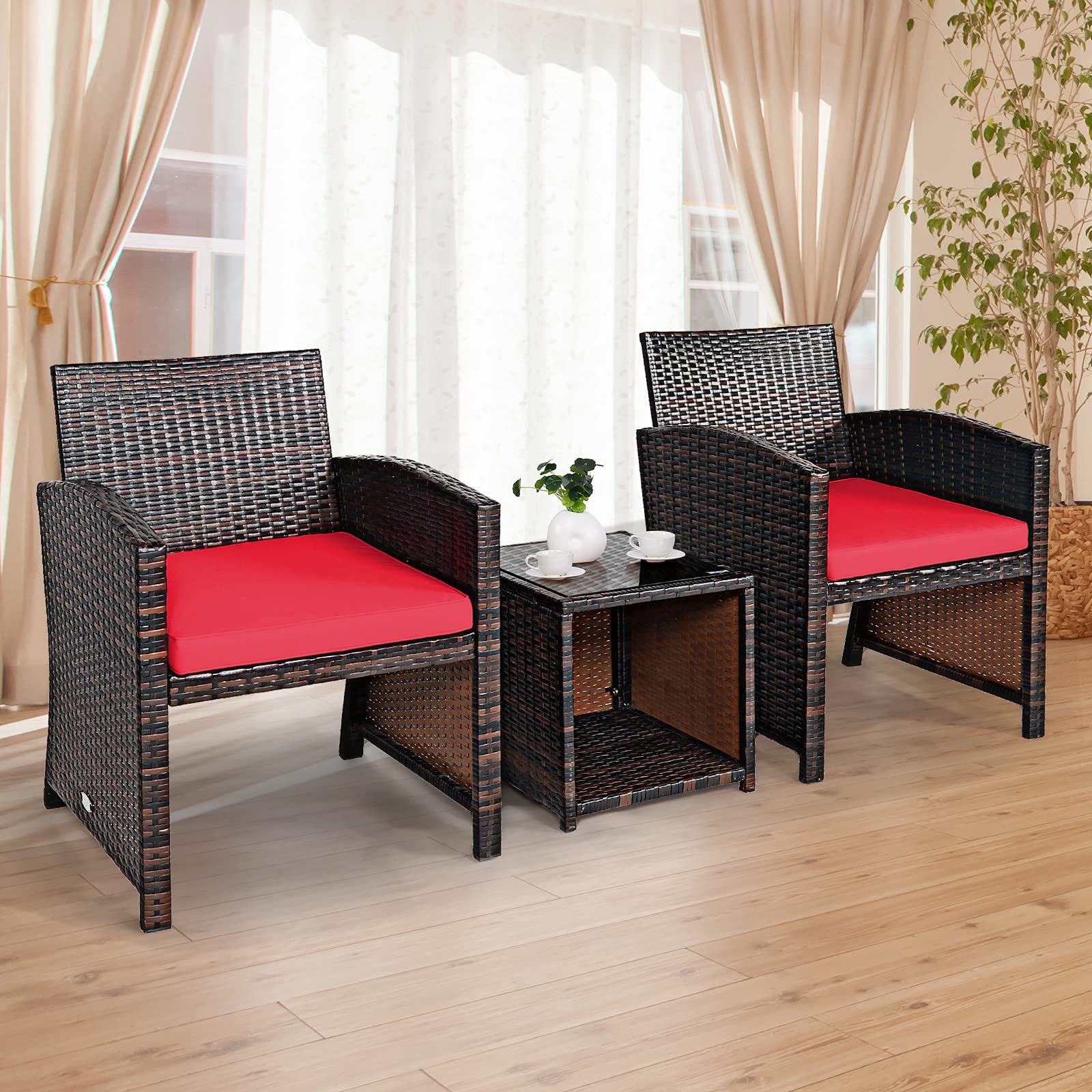 Tangkula 3-Piece Outdoor PE Rattan Patio Furniture Set with Chair & Storage Coffee Table - Waterproof Wicker Conversation Set, Detachable Cushions, Sturdy X-Shaped Frame - Perfect for Garden, Backyard, Poolside, Deck or Balcony (Red) - Ideal for Relaxing, Entertaining & Outdoor Dining