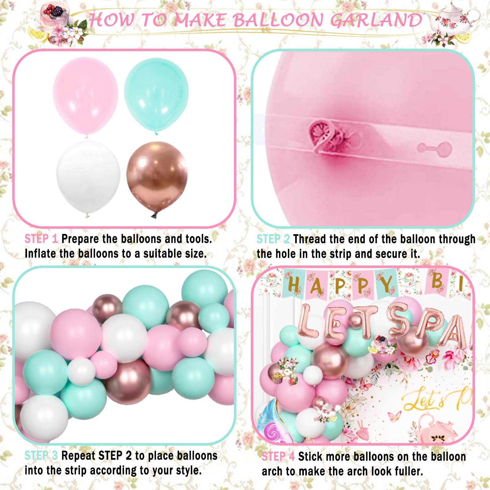 Elegant Tea Party Decorations Set - Teapot Floral Backdrop, Balloon Banner, Tablecloth, Plates, Napkins, Cups, Straws, Cutlery (Forks, Knives, Spoons) - Perfect for Birthday, Baby Shower & Bridal Tea Party Decor