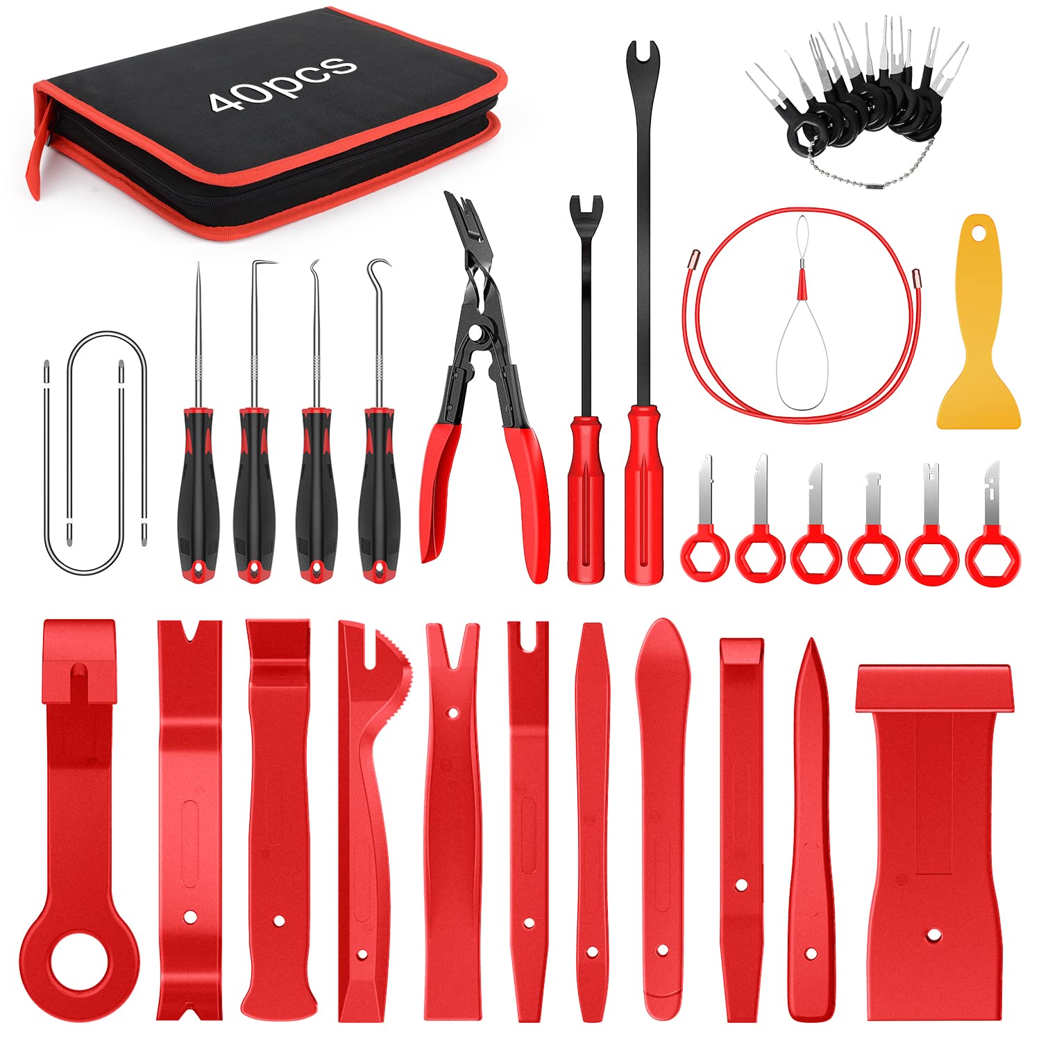 Nilight 40Pcs Car Trim Removal Tool Kit - Auto Panel Clip Remover, Upholstery Pry Tools, Precision Hook & Pick Set with Film Scraper for Car Audio Installation & Interior Repair (2 Year Warranty) - Perfect for DIY Auto Detailing, Vehicle Maintenance & Professional Mechanics