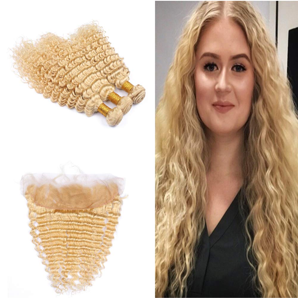 Brazilian Human Hair Frontal Closure 13x4 with 3 Bundles - 613 Blonde Hair Extensions Mixed Length (16-24 Inch) for Sew-in Weave & Natural Hairstyles