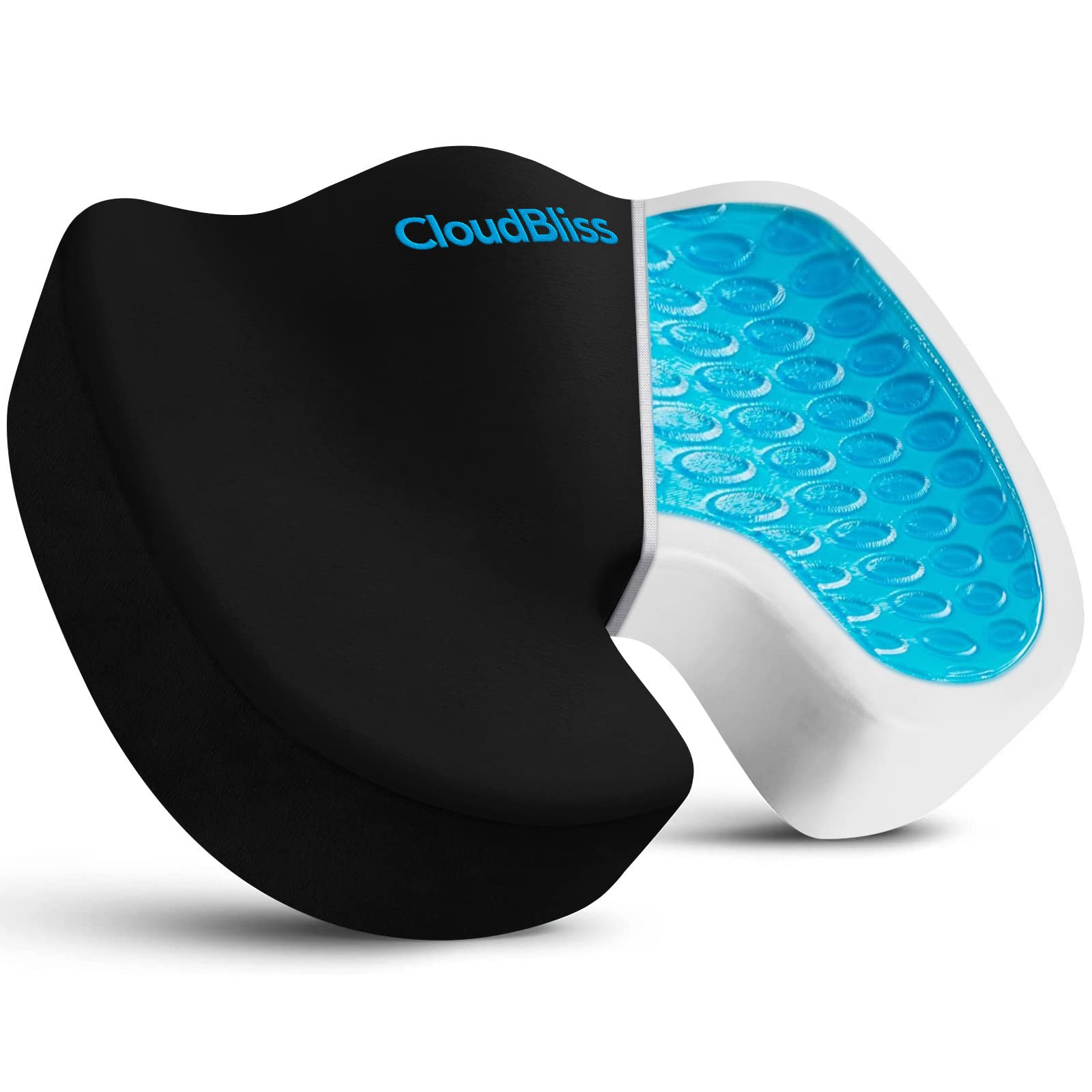 CloudBliss Large Office Chair Seat Cushion with Cooling Gel Memory Foam - Orthopedic Support for Back Pain, Sciatica & Tailbone Relief - Ergonomic Design for Wheelchair, Office, Gaming & Car Use - Black - Perfect for Long Work Hours & Extended Sitting Comfort