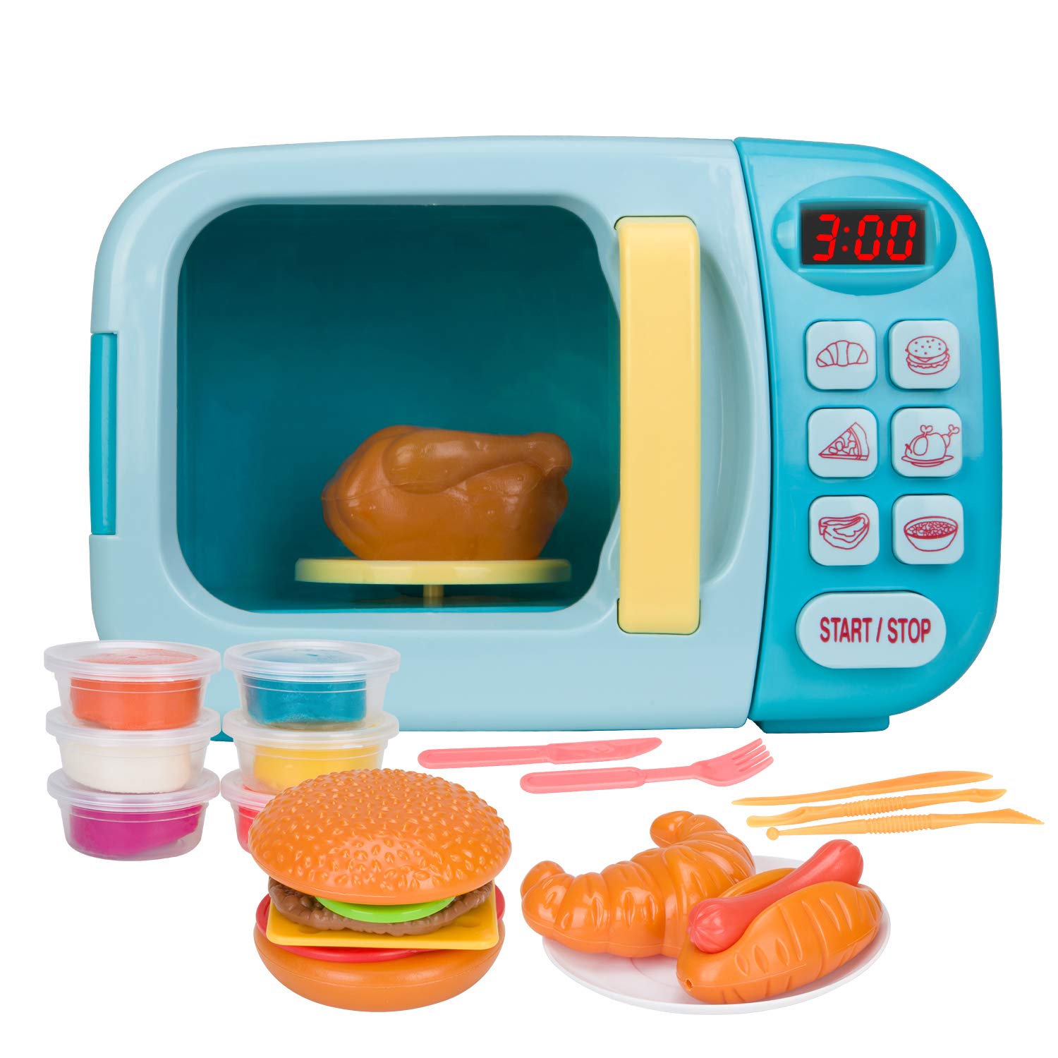 Best Kids Microwave Toy Kitchen Playset with Light & Sound - Pretend Play Electronic Oven with Play Food & 6 Color DIY Play-Doh for Toddlers Ages 3+ (Blue) | Fun Learning Toy for Preschoolers & Role Play Games