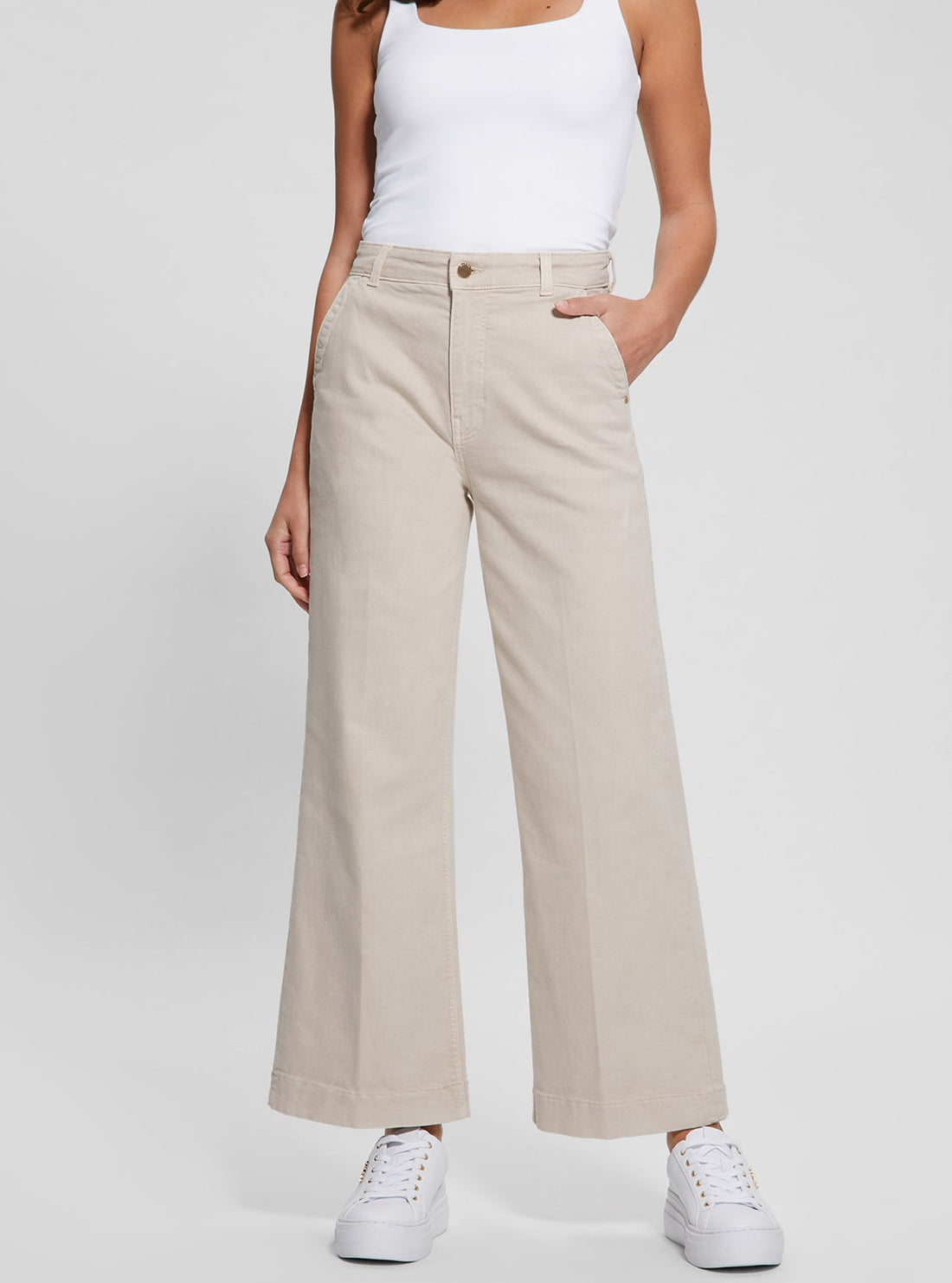 Beige Darma Wide Leg Pants for Women - High Waisted Linen Trousers with Pockets | Comfortable Lounge Pants for Yoga, Office & Casual Wear