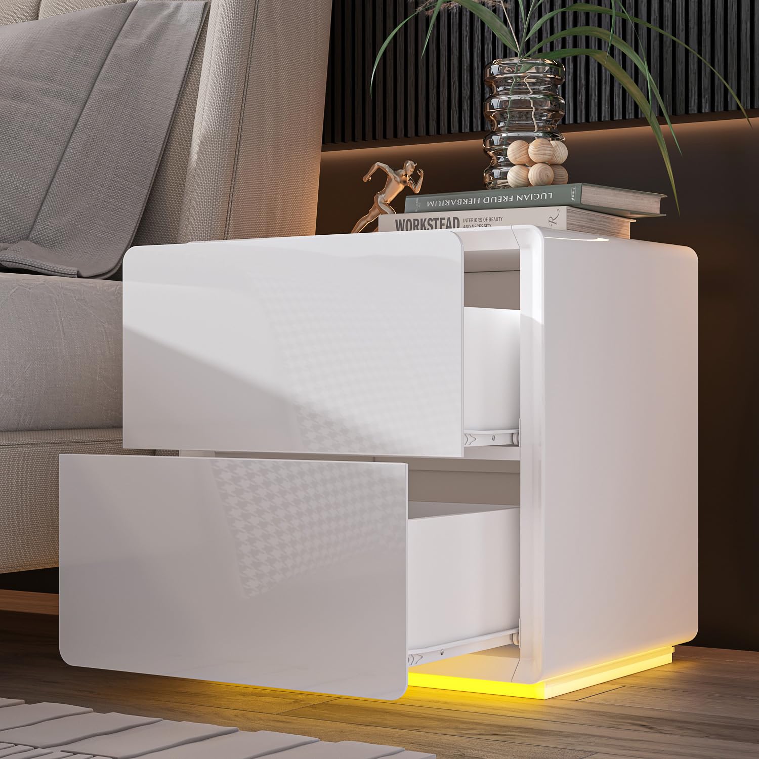 Homsee Nightstand Set of 2 - Modern White Bedside Tables with 2 Drawers & Built-in Light, Round Edge End Tables for Bedroom & Living Room (19.6”L x 15.7”W x 20”H) - Perfect for Small Spaces, Apartment Decor & Guest Rooms