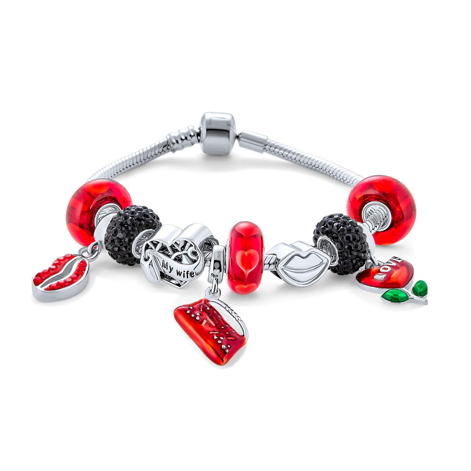 Valentine's Day Sterling Silver Snake Chain Bracelet - .925 Silver European Barrel Clasp Charm Bracelet with Kissing Lips Red Enamel Beads for Women (6.5-8.5 Inch) | Romantic Gift for Anniversary, Date Night & Couples Jewelry