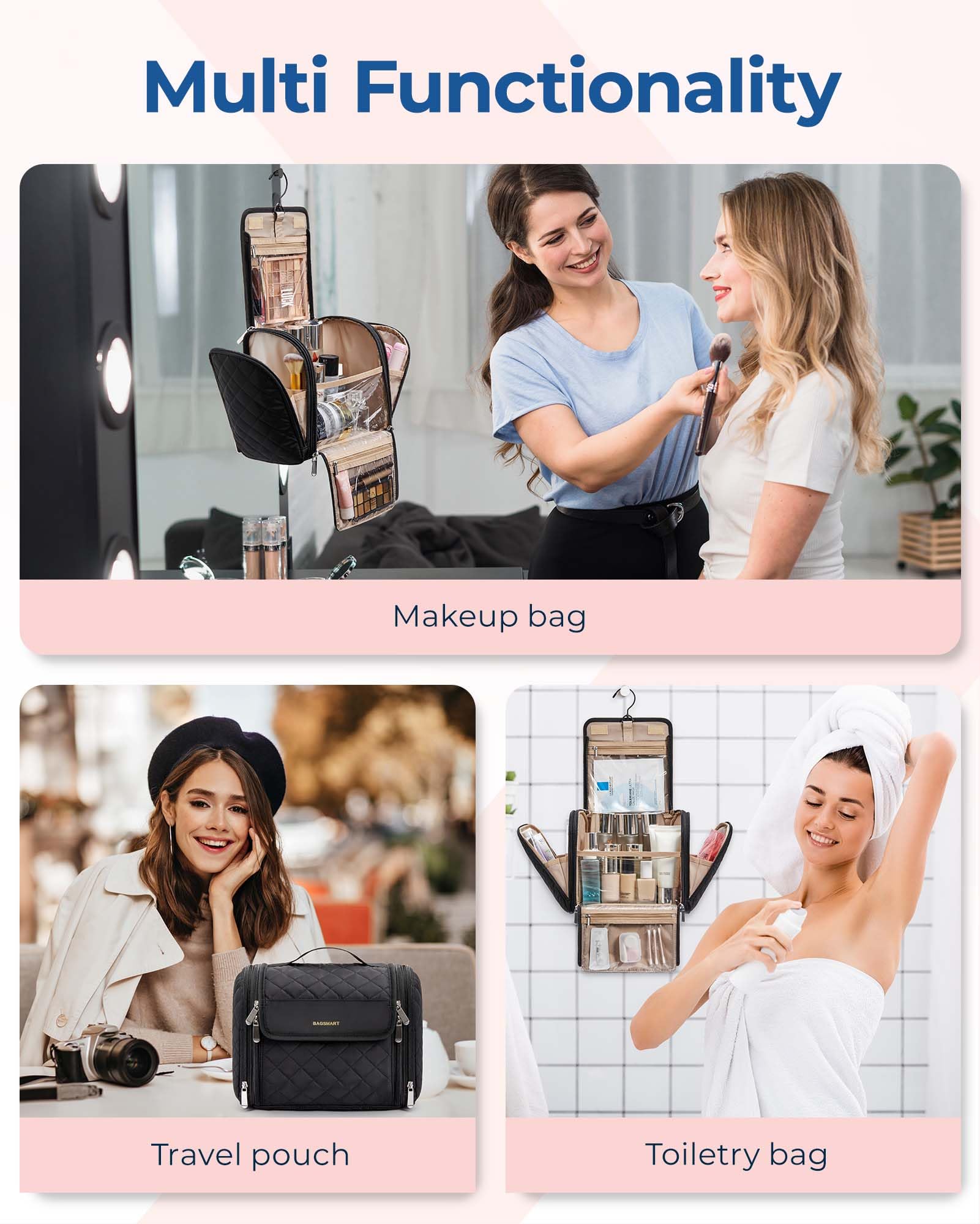 BAGSMART Large Hanging Makeup Bag for Women - Portable Travel Cosmetic Organizer with Hook, Spacious Toiletry Case for Full-Sized Cosmetics & Essentials, Black | Perfect for Travel, Gym, and Home Storage