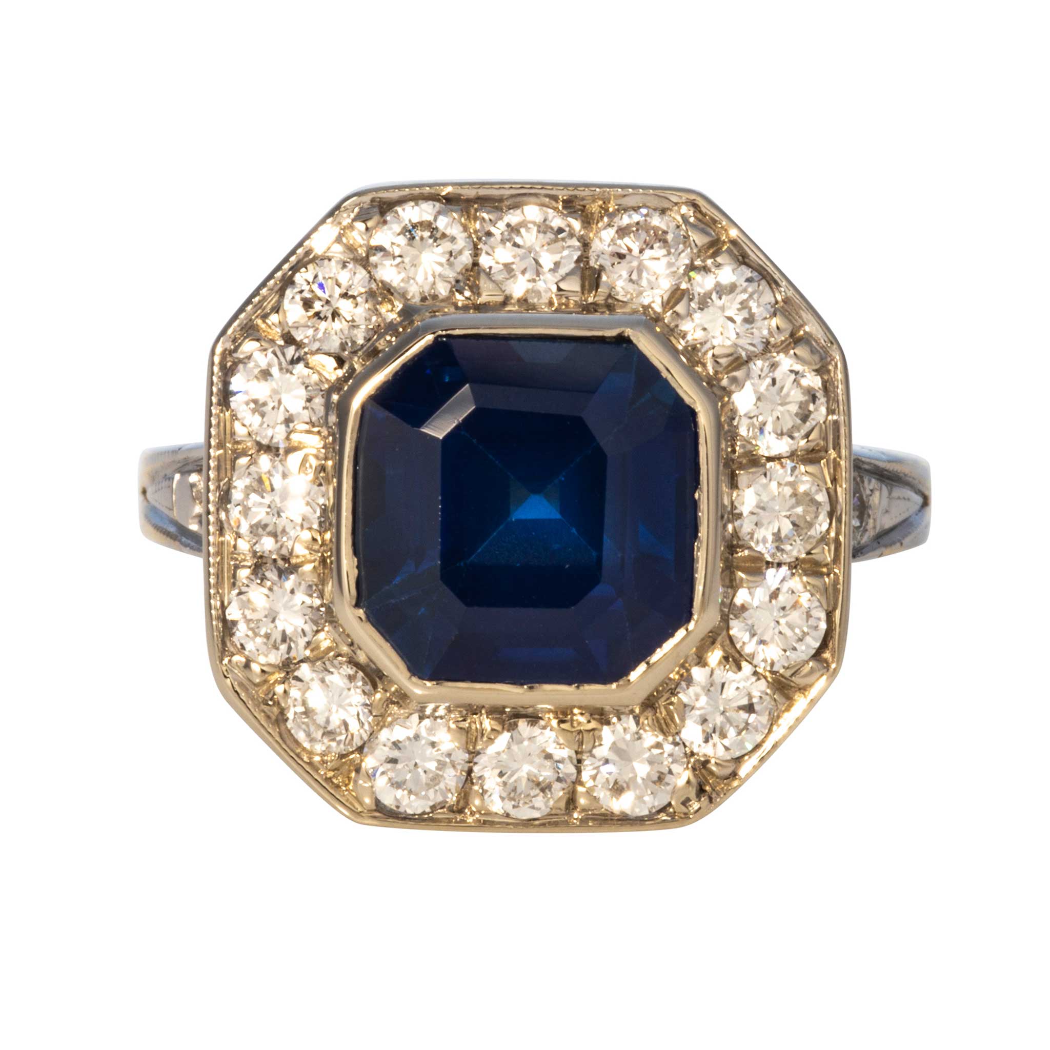 3.69ct Art Deco Sapphire & Diamond 18K Gold Two Tone Ring - Vintage Style Engagement Ring for Women, Perfect for Weddings & Anniversaries