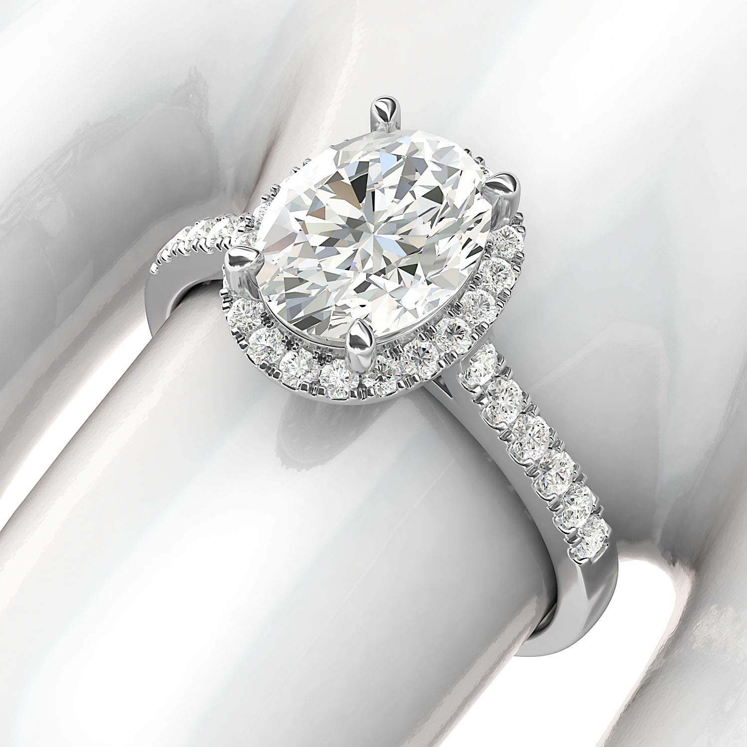 10K White Gold Oval Cut Simulated Diamond or Moissanite Halo Engagement Ring with Side Stones - Perfect Promise Ring for Bridal, Wedding & Anniversary Gifts