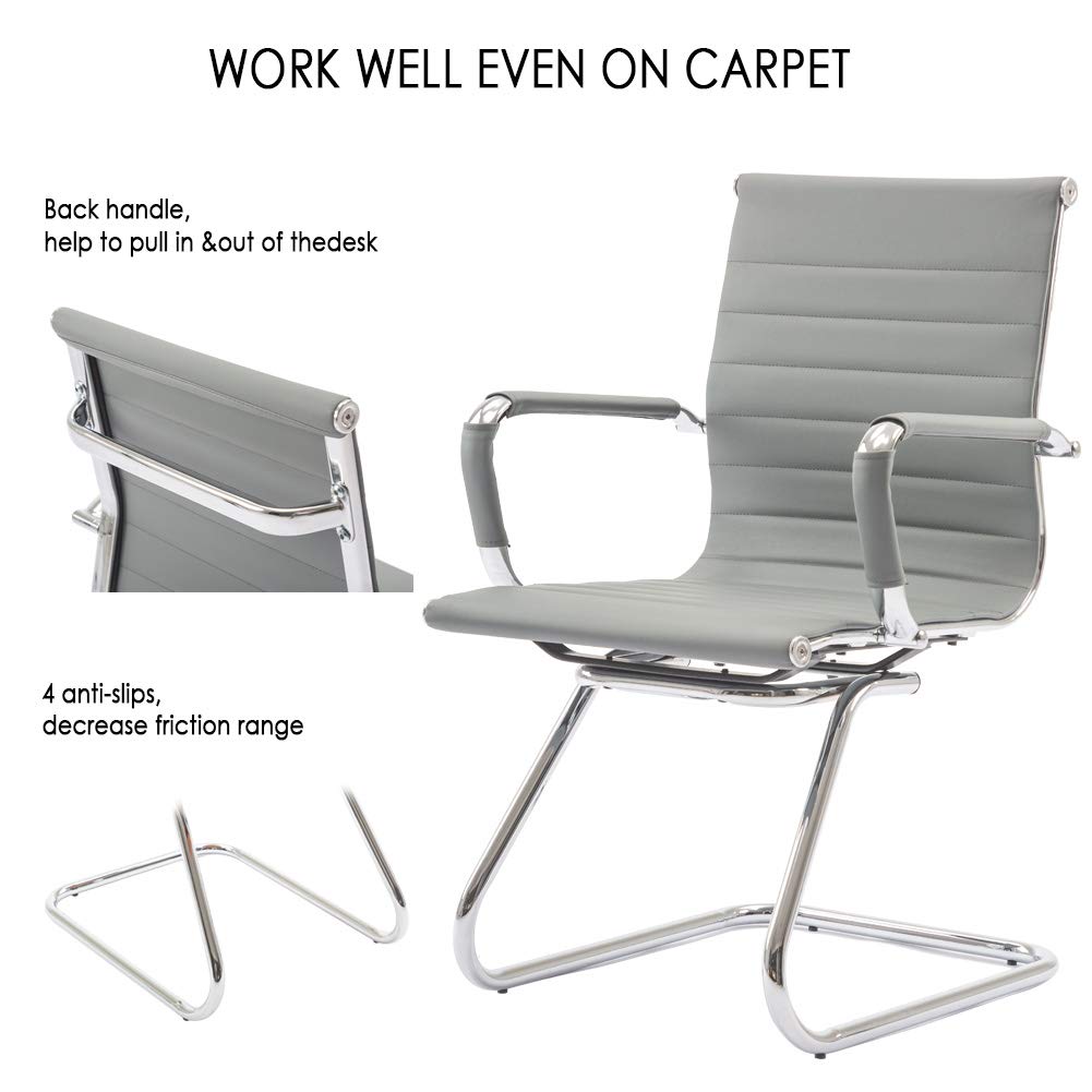 Premium Heavy Duty Office Chair - Ergonomic Leather Conference & Guest Chair with Lumbar Support - Set of 2 (Grey) - Ideal for Reception Areas, Meeting Rooms & Home Offices