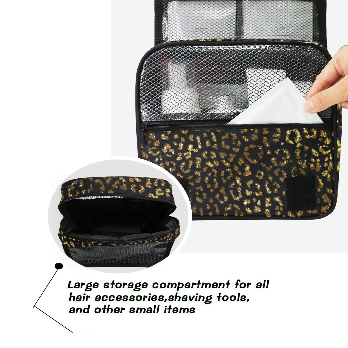 ALAZA Gold Leopard Print Hanging Toiletry Bag - Waterproof Travel Cosmetic Organizer with Hook for Makeup, Skincare & Shampoo | Perfect for Vacation, Gym & Business Trips
