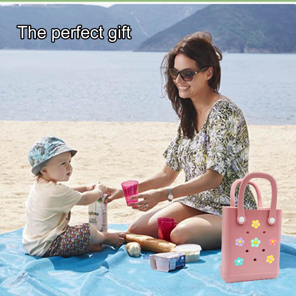 Mini Rubber Tote Bag 6.5x8.0x3.1 Inches - Small Waterproof Beach Bag with Cute Charms for Women & Girls (Purple) | Perfect for Pool, Beach, Gym & Shopping