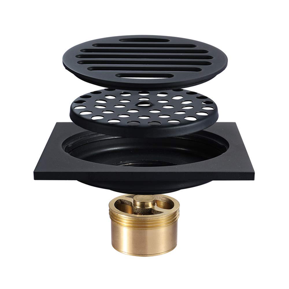 4 Inch Square Black Shower Drain - Heavy Duty Brass Floor Drain with Removable Cover Grate for Bathroom, Shower & Wet Room - Anti-Clog Design for Efficient Water Drainage