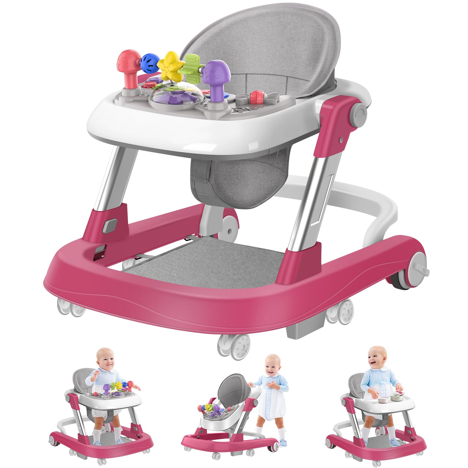 2-in-1 Baby Walker with Wheels | Adjustable Height & Speed Learning Activity Walker | Foldable Infant Walker with Removable Play Tray & Footrest | Walk-Behind & Seated Modes for Boys & Girls 6-18 Months | Perfect for Early Walking Practice & Playtime Development