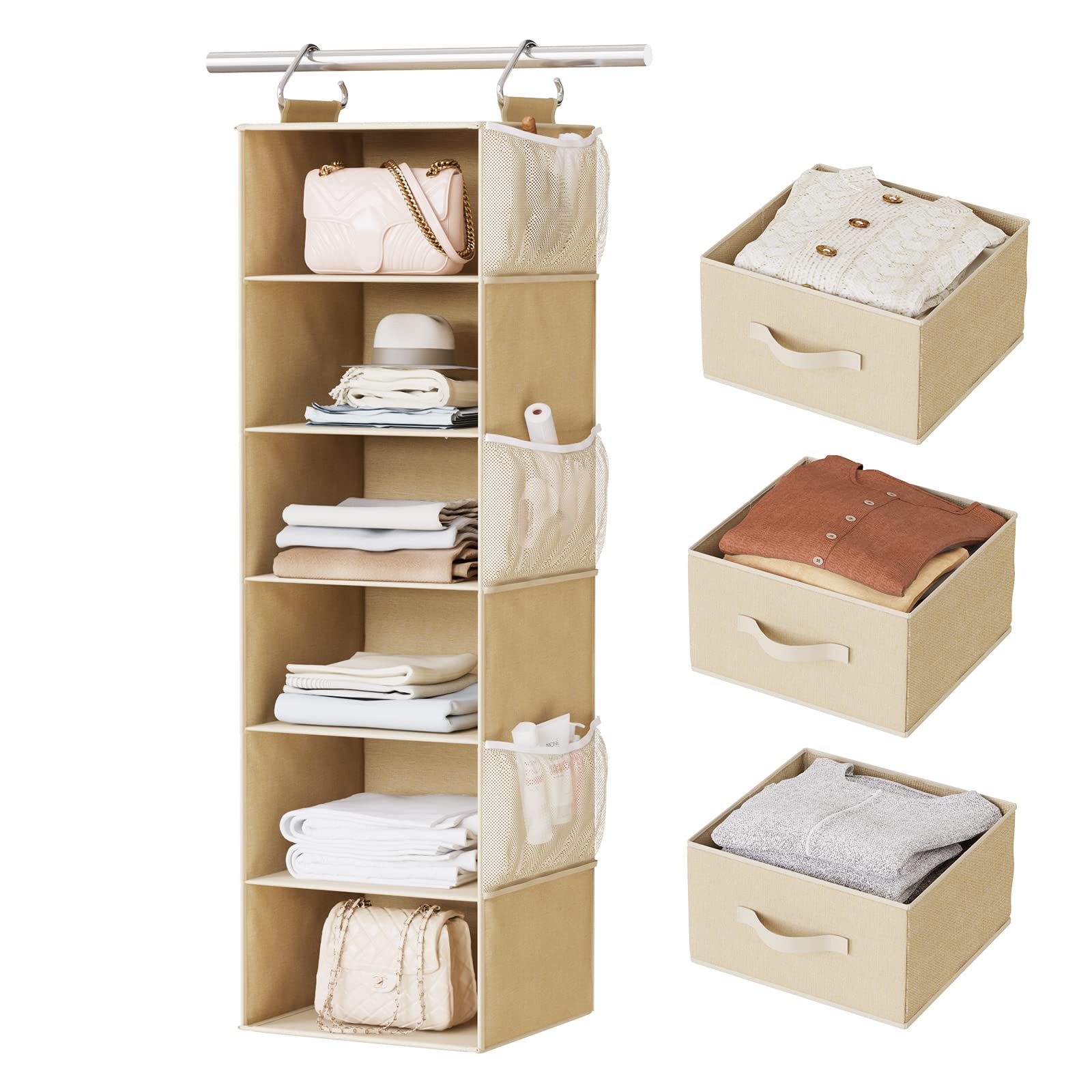 Pipishell 6-Shelf Hanging Closet Organizer with 3 Removable Drawers & Side Pockets - Space Saving Storage for Clothes, Shoes & Accessories - Perfect for Bedroom, Closet or Garment Rack (12