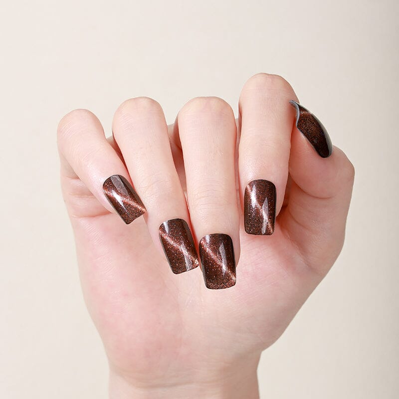 16PCS Brown Glitter Full Cover Nail Stickers with Cat Eye Magnetic Design - ZE0691 for DIY Nail Art, Party, Wedding & Special Occasions