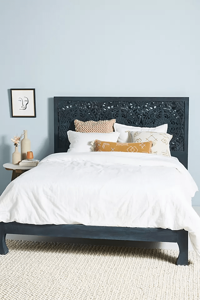 Hand Carved Low Lombok Bed in Indigo Color - Traditional Indian Wooden Bed Frame - Perfect for Boho, Ethnic & Minimalist Bedroom Decor