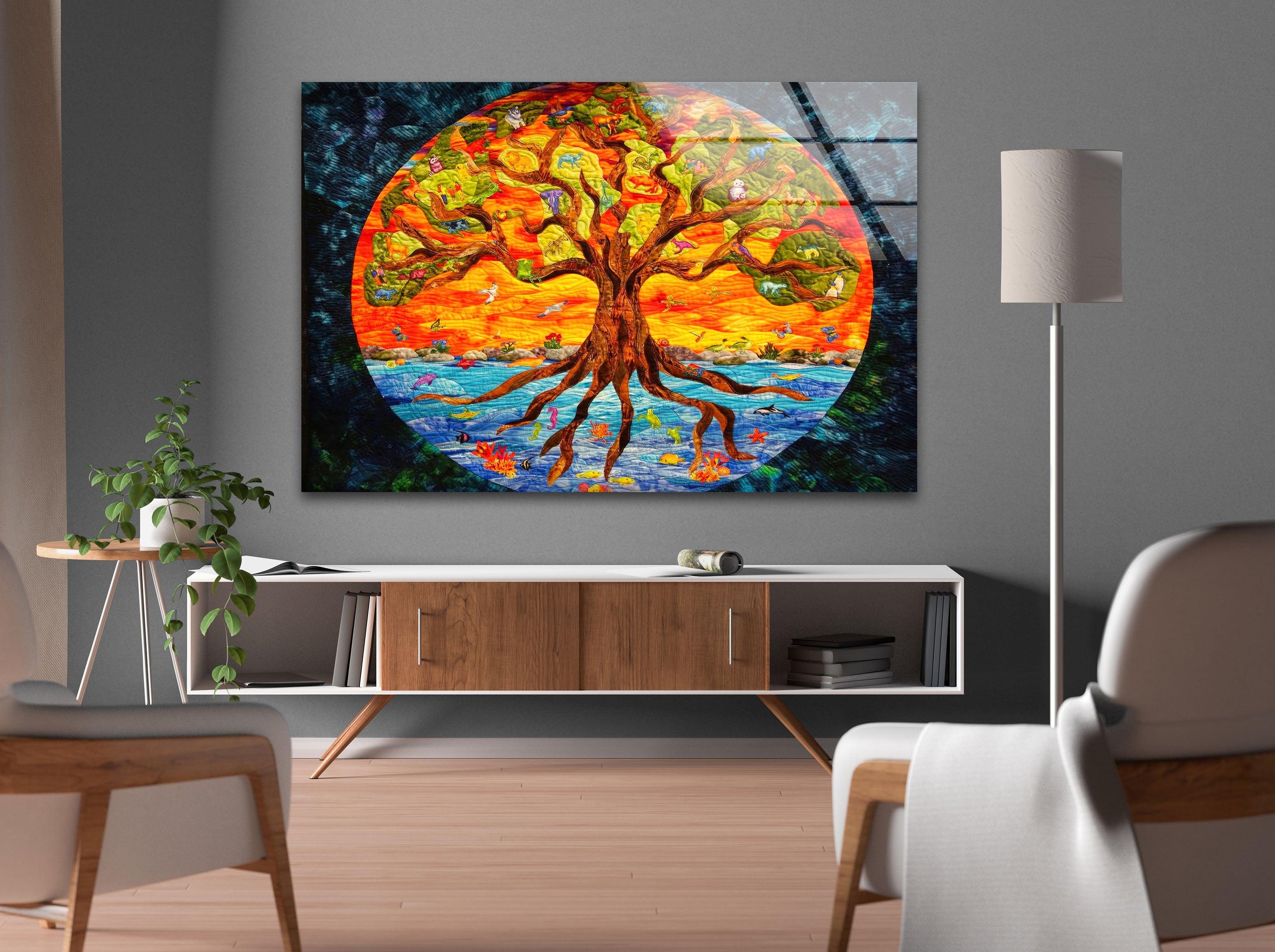 Big Tree of Life Glass Wall Art - Handmade Stained Glass Window Decor for Living Room, Bedroom & Office - Spiritual Home Decor Gift