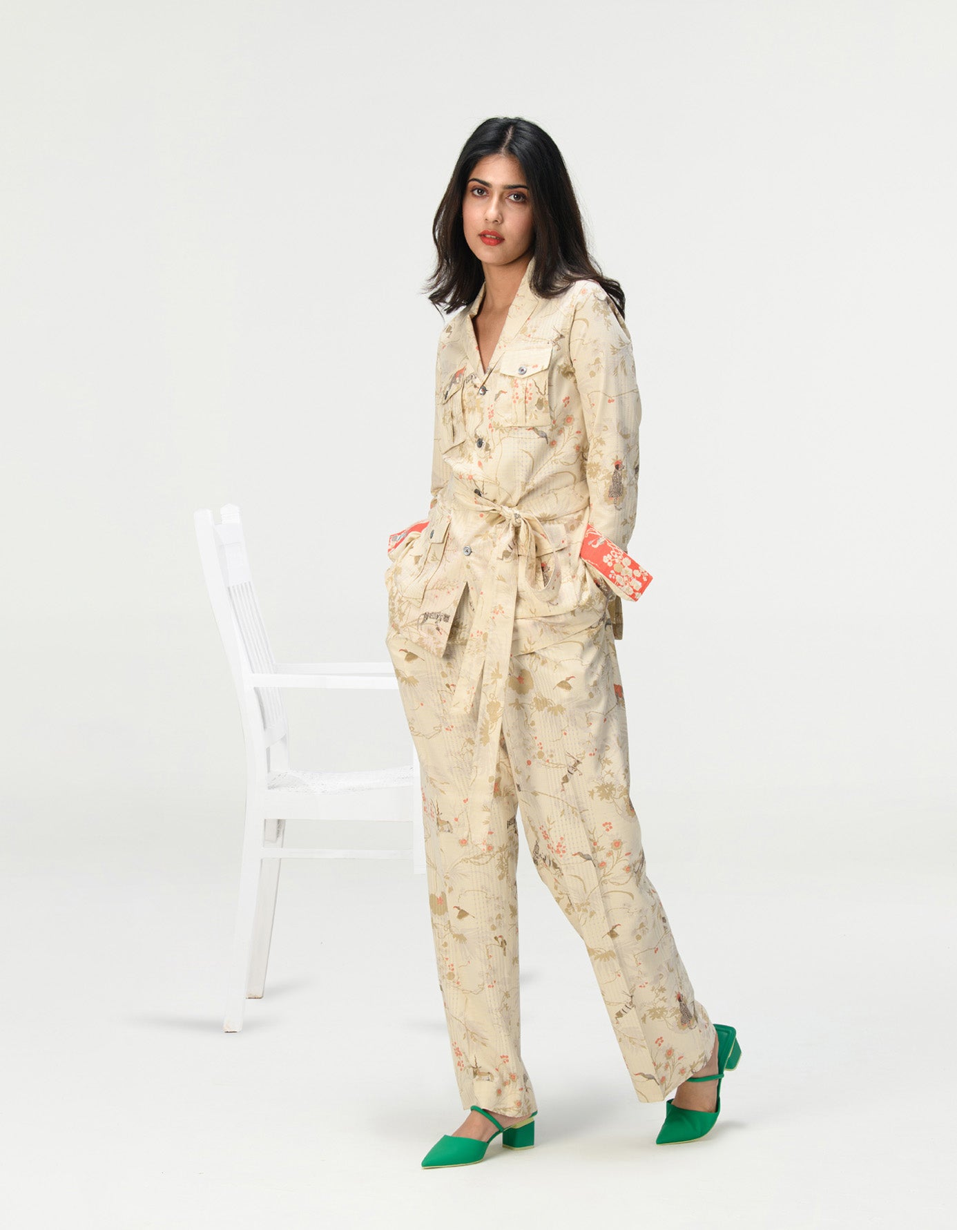 Single Pleated Trousers for Women - Cotton Silk Blend Checkered Ivory Pants | Office Wear & Casual Chic Outfits