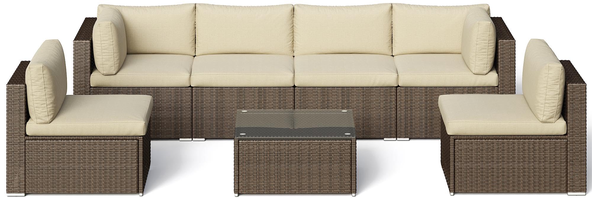 **Sunvivi 7-Piece All-Weather Outdoor Patio Furniture Set - Gray PE Wicker Sofa Couch with Glass Table, Removable Beige Cushions & Brown Rattan - Perfect for Garden, Poolside, and Backyard Relaxation**