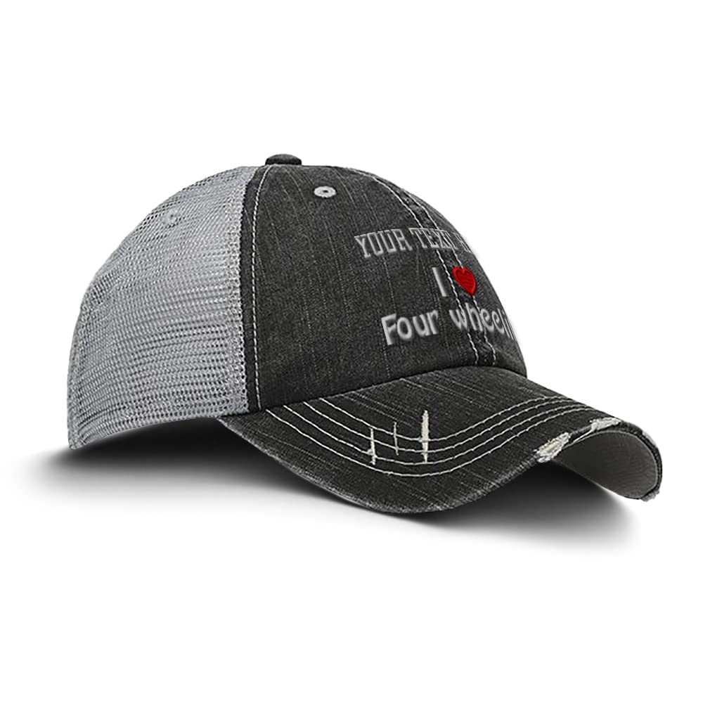 Custom Distressed Trucker Hat with Red Heart Design - Perfect for Car Lovers, Off-Roading & Outdoor Adventures | Vintage Style I (Love) 4 Wheeling Cap for Men & Women
