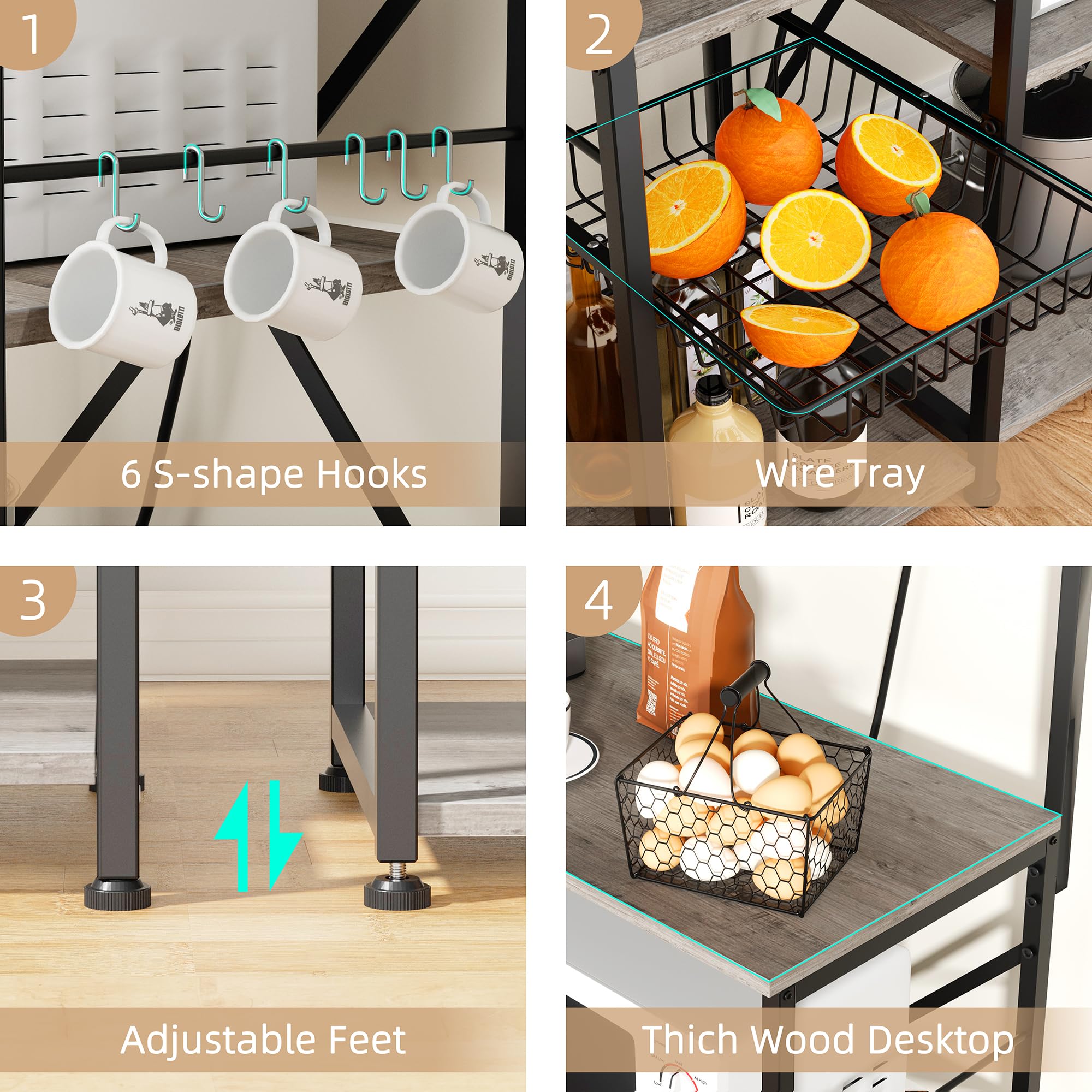 JAMFLY 6-Tier Bakers Rack with Power Outlet - Microwave Stand, Kitchen Storage Shelf with 6 Hooks & Wire Basket - Coffee Bar Station, Spice Rack, Pot and Pan Organizer for Living Room & Kitchen - Perfect for Small Spaces, Apartment Cooking & Home Organization