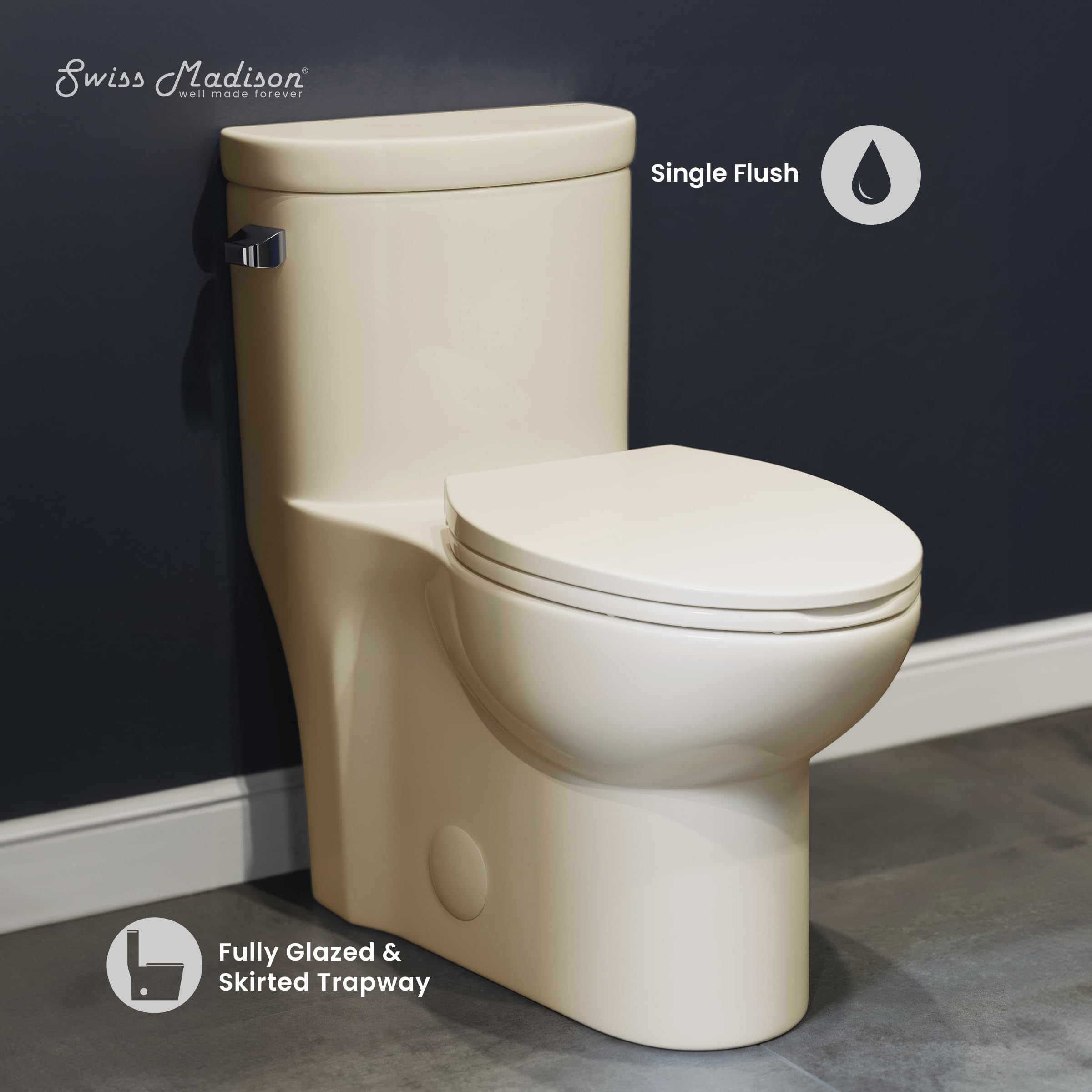 Swiss Madison SM-1T206BQ Sublime One-Piece Elongated Toilet with Left-Side Flush Handle | 1.28 GPF Water-Saving Design in Bisque Color | Perfect for Modern Bathrooms, Small Spaces & Eco-Friendly Homes