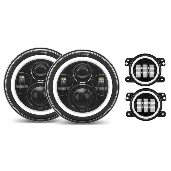 LOYO LED Halo Headlights with Amber Turn Signal + LED Halo Fog Lights Kit Compatible with 2007-2018 Jeep Wrangler JK - Upgrade Lighting for Off-Road Adventures & Night Driving