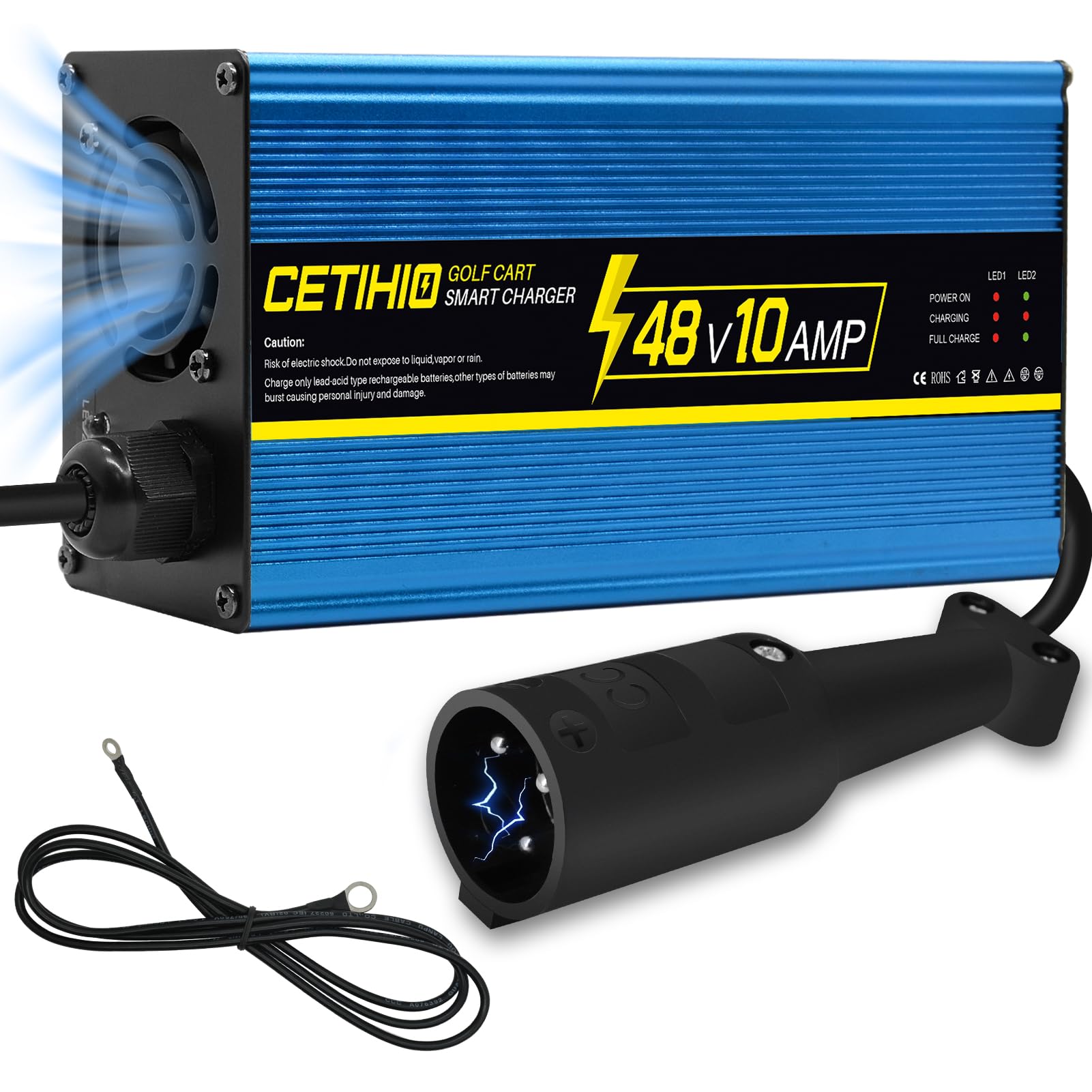 48V Golf Cart Battery Charger 10 AMP for Club Car DS & Precedent - Smart 48 Volt Charger with Trickle Mode & Round 3-Pin Plug - Fast 5-8 Hour Charge - Perfect for Golf Carts, Electric Vehicles & Outdoor Power Equipment