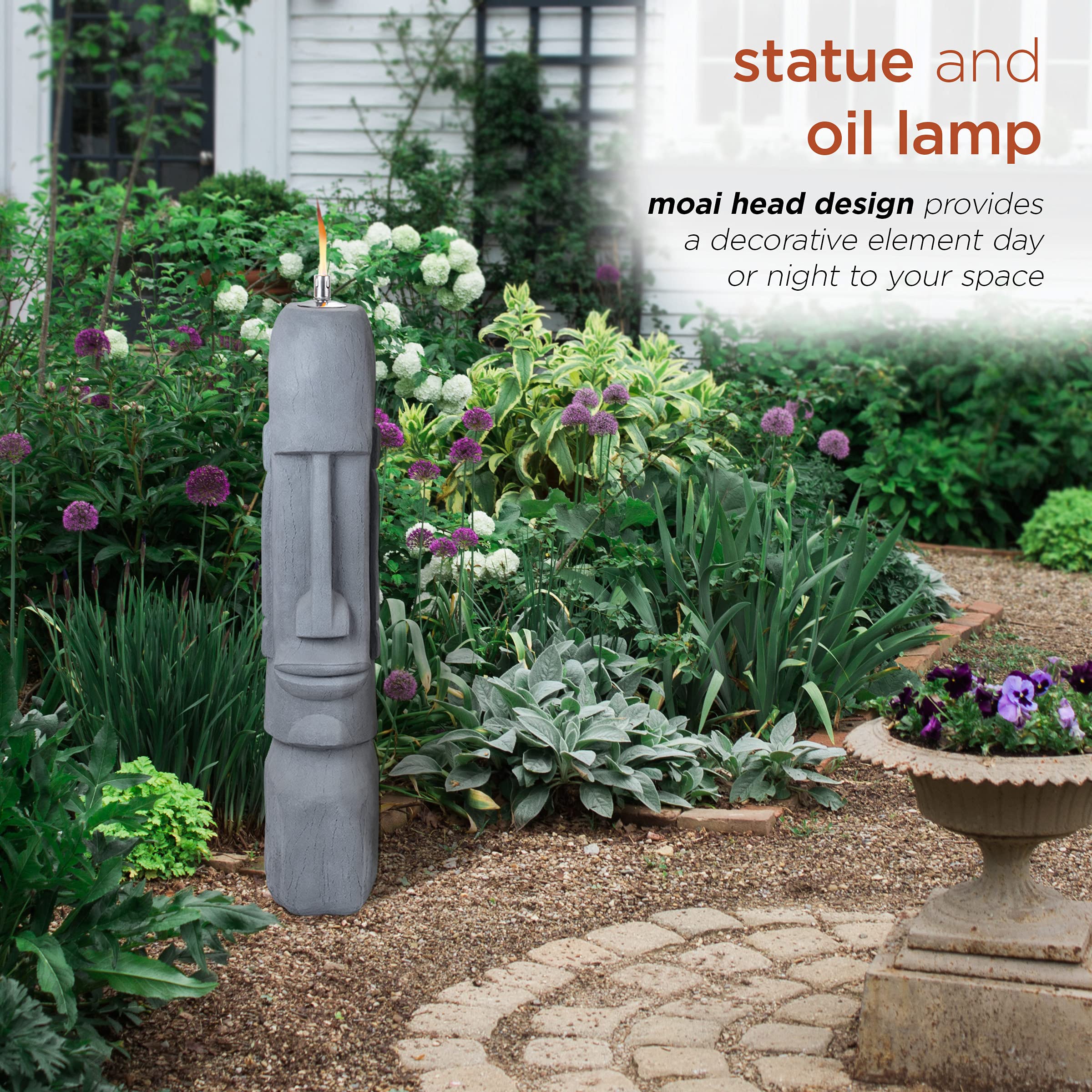 Alpine Corporation DIG282 Gray Cement Moai Head Oil Torch Lamp - Outdoor Tiki Statue for Patio, Garden, and Poolside Decor
