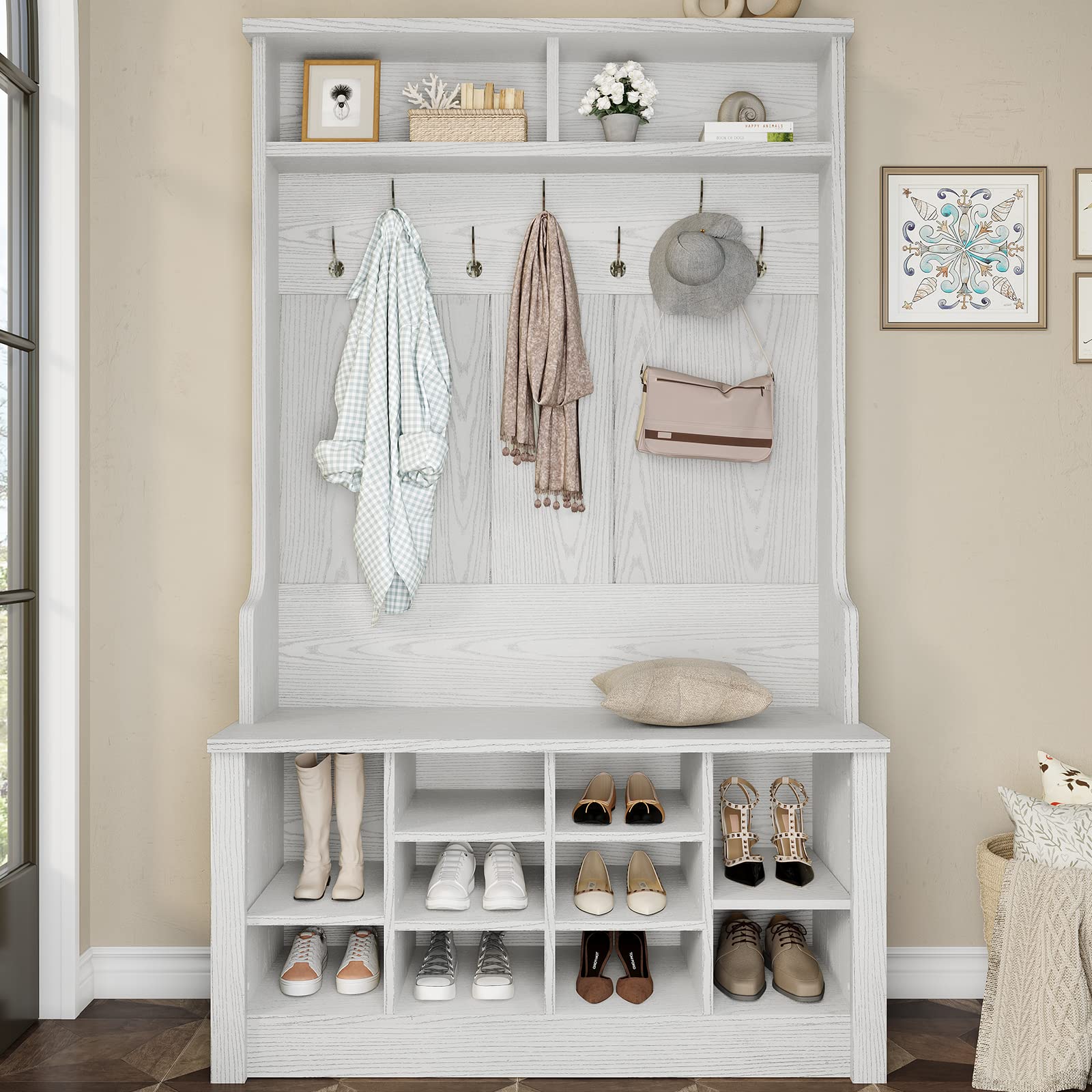 Itaar 3-in-1 Hall Tree with Storage Bench - White Entryway Organizer with Coat Rack, Adjustable Shoe Storage & Hanging Hooks - Perfect for Mudroom, Foyer or Small Space Entryway Organization