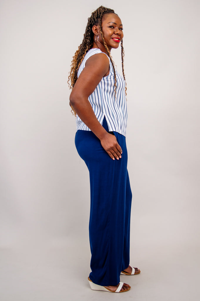 Havana Tank Top - Indigo Stripe Linen Bamboo Blend Women's Shirt - Perfect for Summer Outfits, Beach Wear & Casual Style