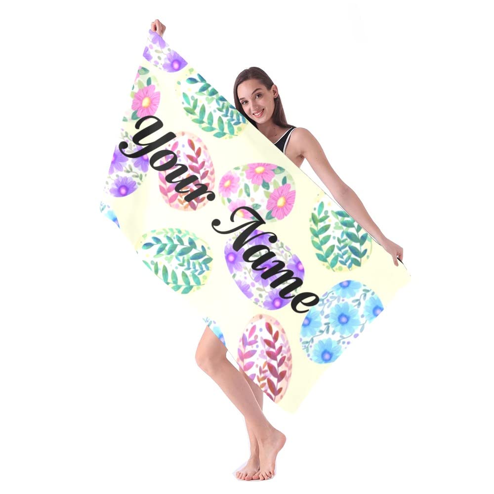Personalized Beach Towel with Name - Custom Easter Rainbow Rabbit Floral Design - 30x60 Inch Large Soft Absorbent Quick-Dry Bath Towel for Pool, Beach, Sports, Birthday Gifts - Perfect for Summer Vacation, Swimming, Picnics and Outdoor Activities
