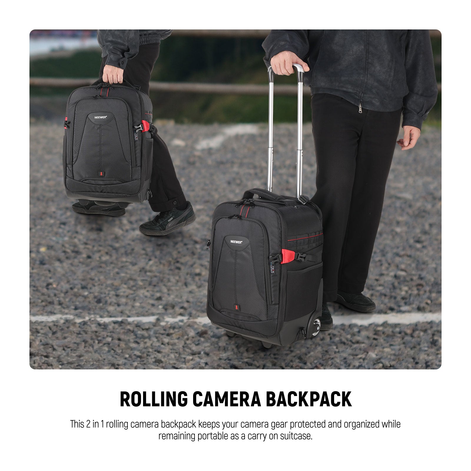 NEEWER 2-in-1 Rolling Trolley Backpack 19.7x13x9.84 Inches - Convertible Carry-On Luggage for Travel, Business & Outdoor Adventures