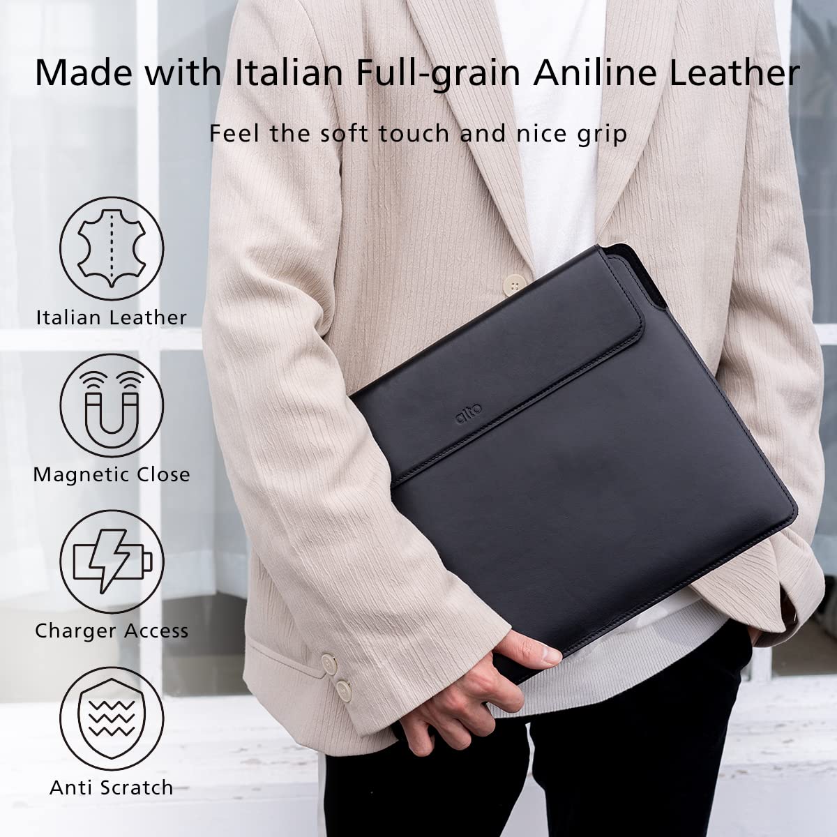 Premium Italian Leather Laptop Sleeve for MacBook Air & Pro 13/14 inch - Protective Case for MacBook Air 13.3