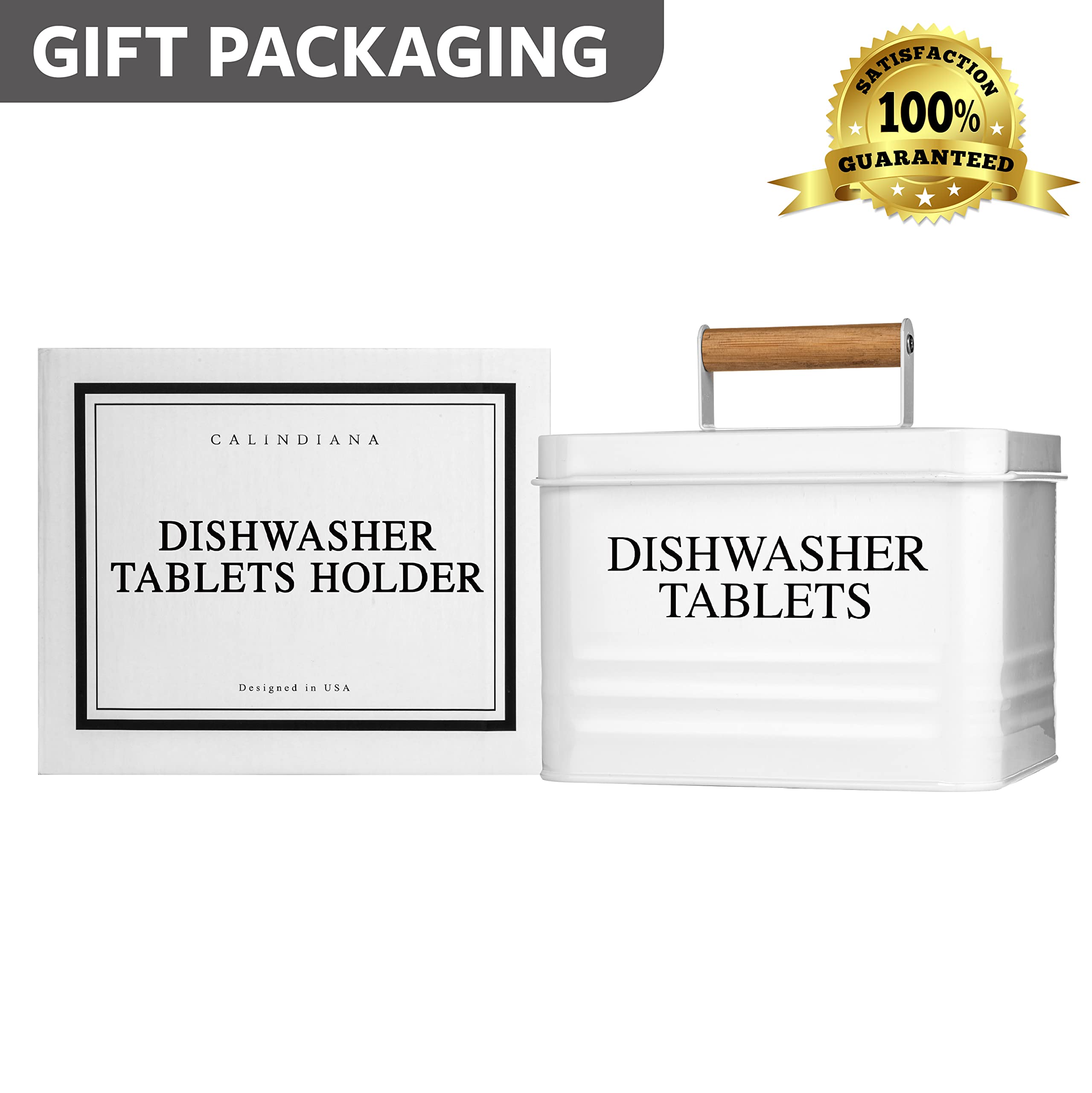 Modern Farmhouse Metal Dishwasher Pods Holder with Lid - White Kitchen Storage Container for Pods & Detergent - Perfect for Kitchen Organization & Farmhouse Decor - Ideal for Dishwasher Pod Storage, Countertop Organization, and Farmhouse Style Kitchens